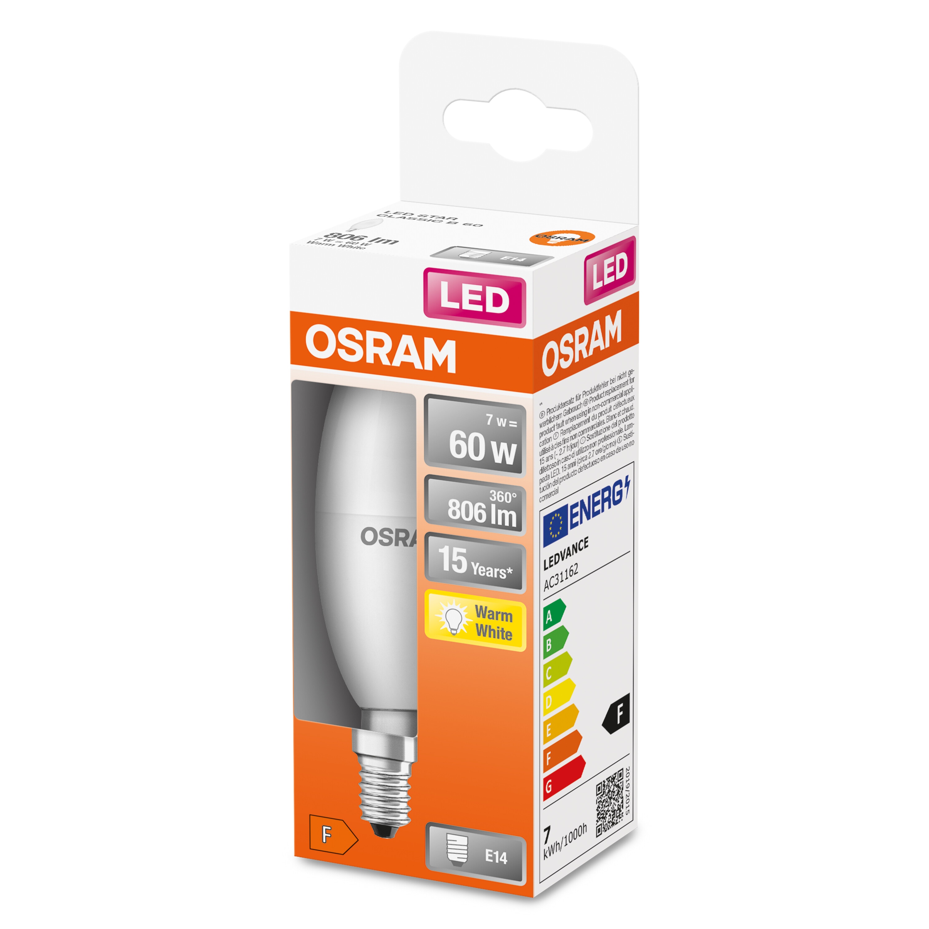 Boîte d'ampoule LED OSRAM, montrant l'ampoule, étiquette d'efficacité et infos produit.