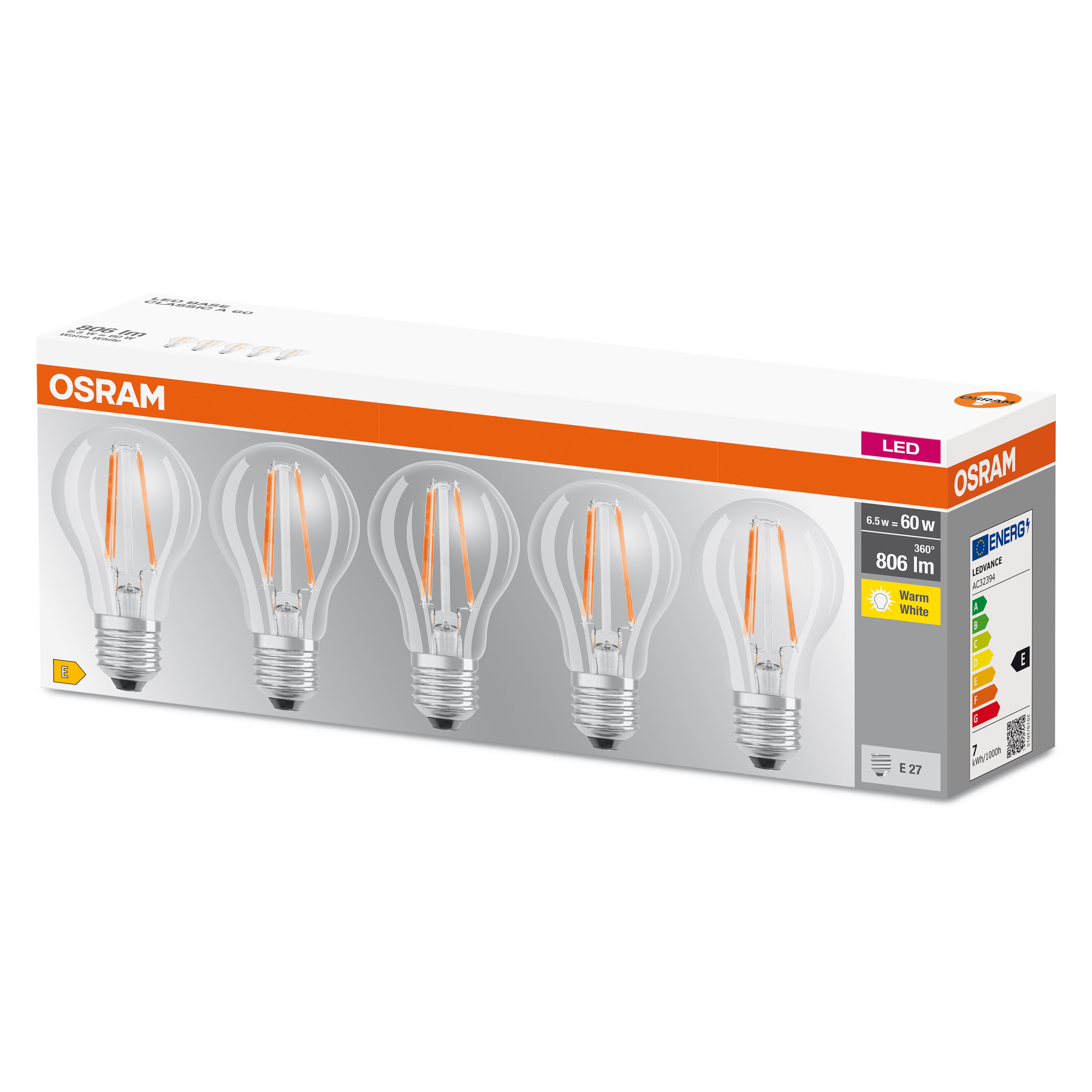 Une boîte de cinq ampoules LED, avec une forme d'ampoule transparente et un filament orange.