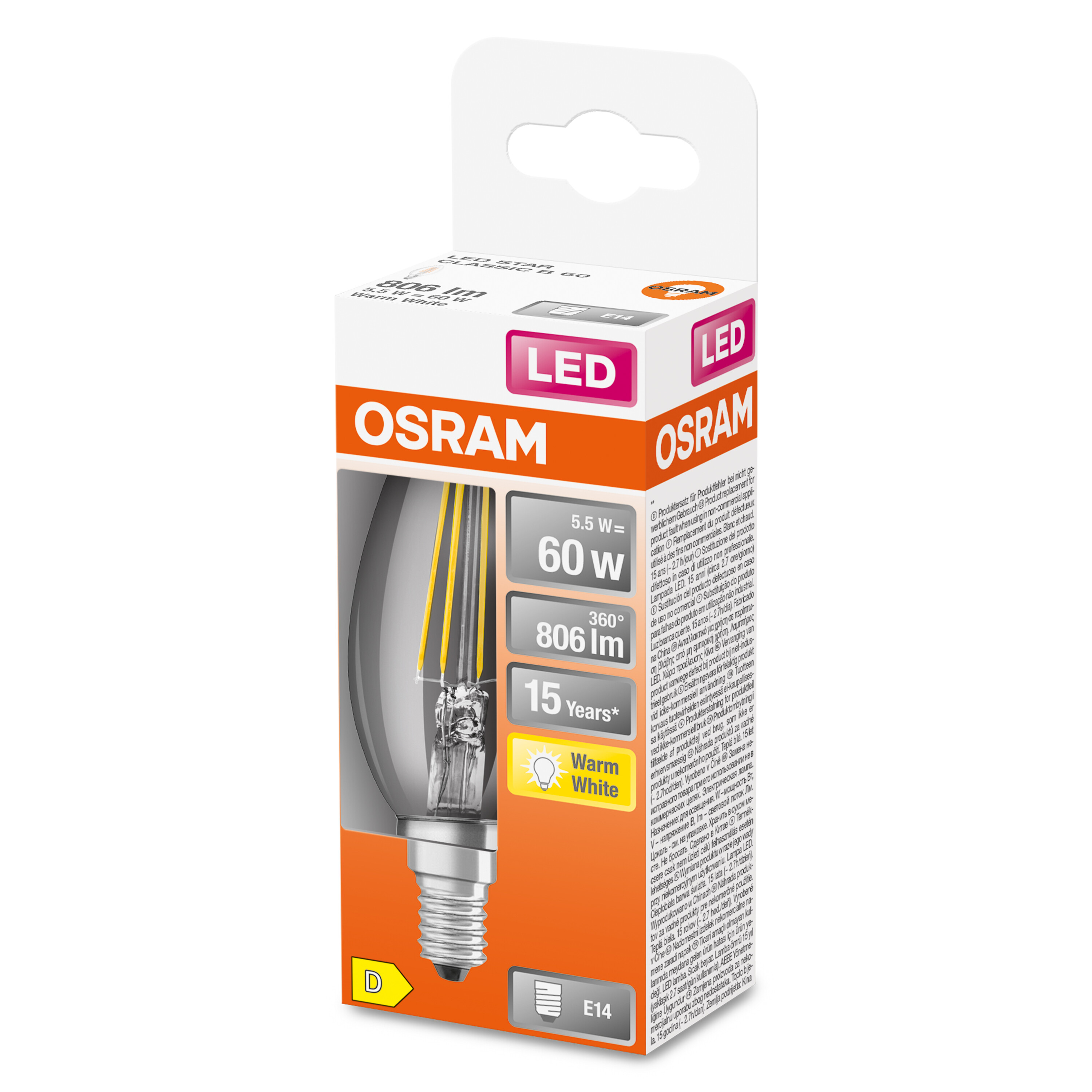 Pudełko żarówki LED OSRAM: 5.5W, odpowiednik 60W, 806 lm, Ciepła Biel. Klasa D.