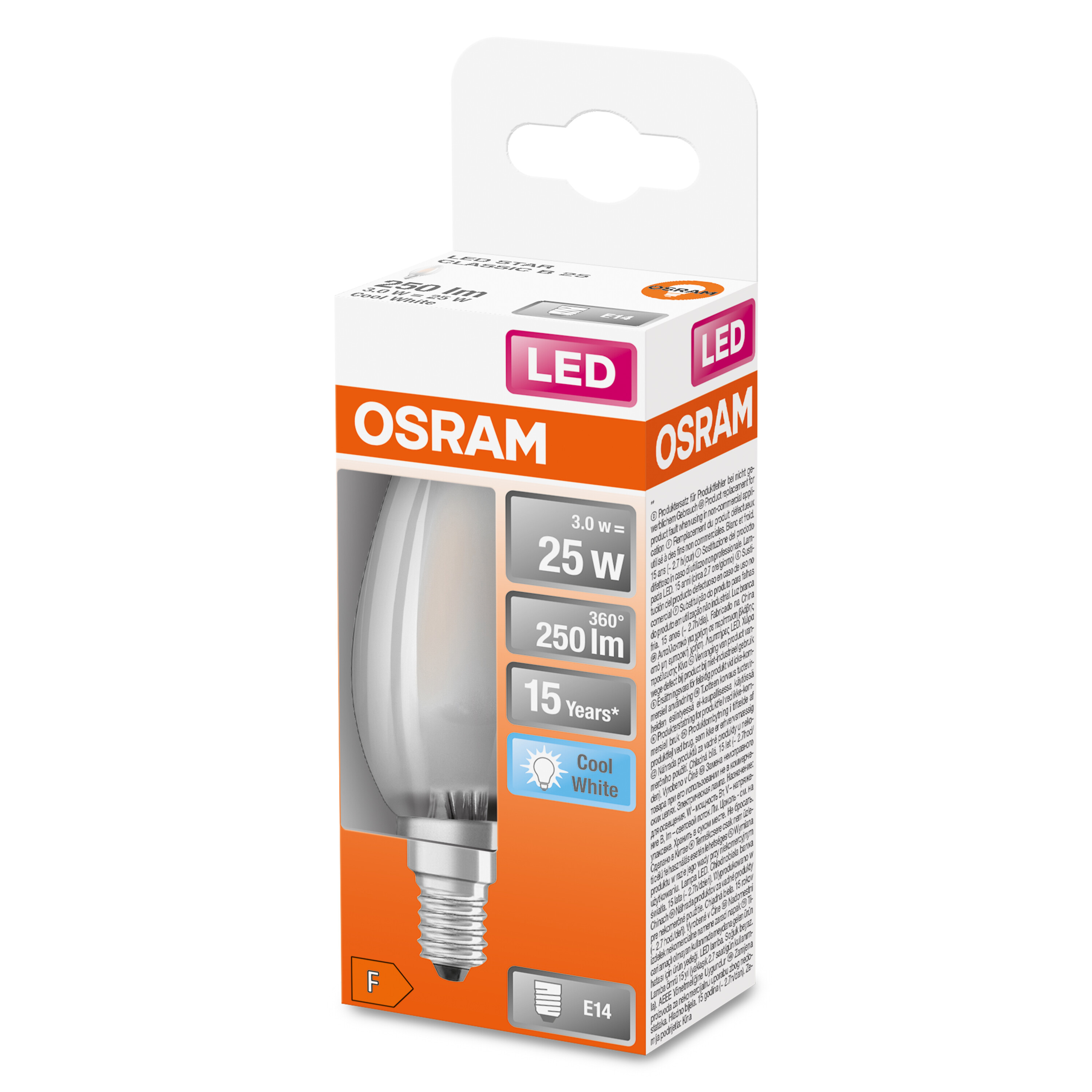Eine Schachtel mit OSRAM LED-Glühbirnen. Die Glühbirne ist sichtbar und hat den Text 'Cool White'.
