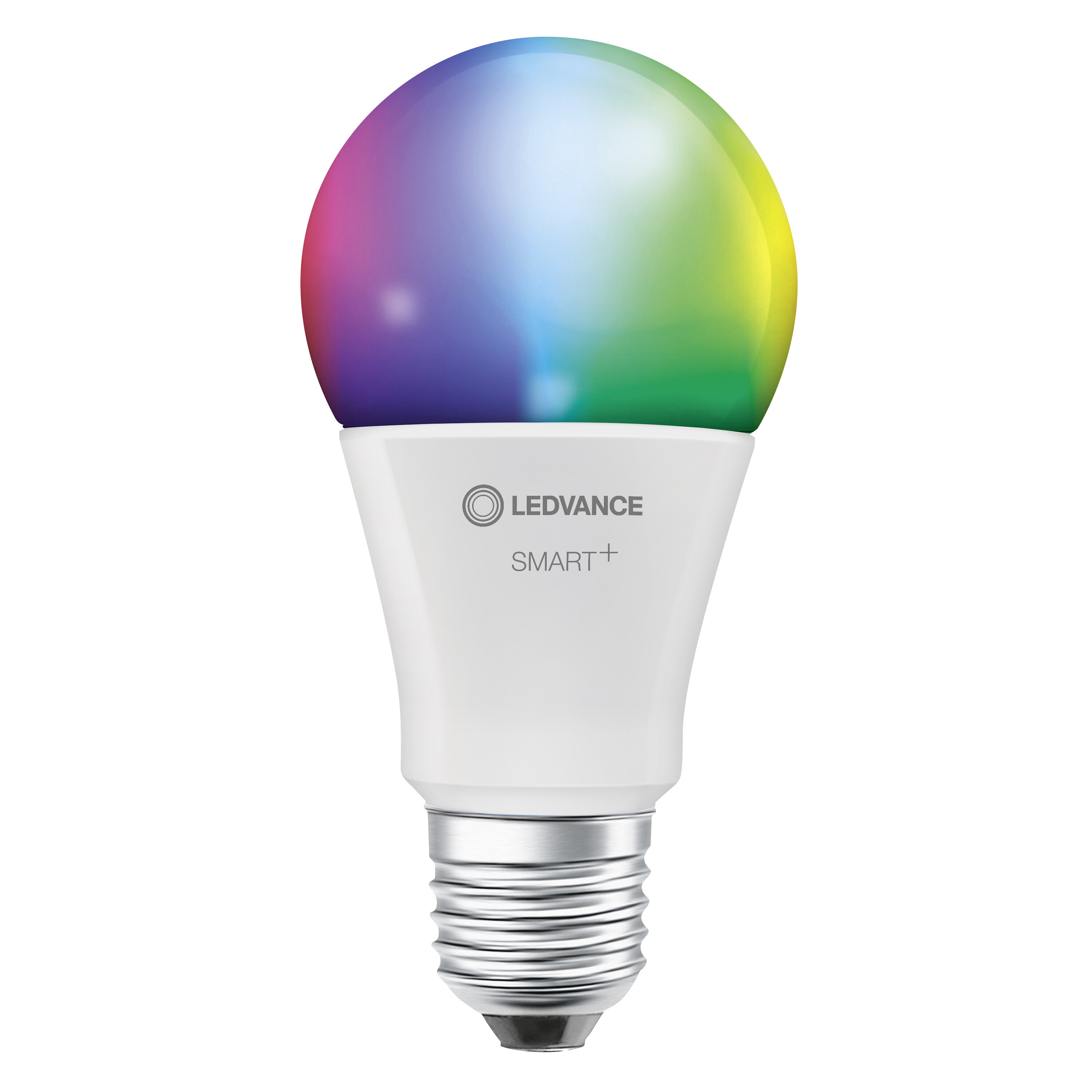 Lampadina LEDVANCE Smart+ colorata con parte superiore colorata e base bianca.