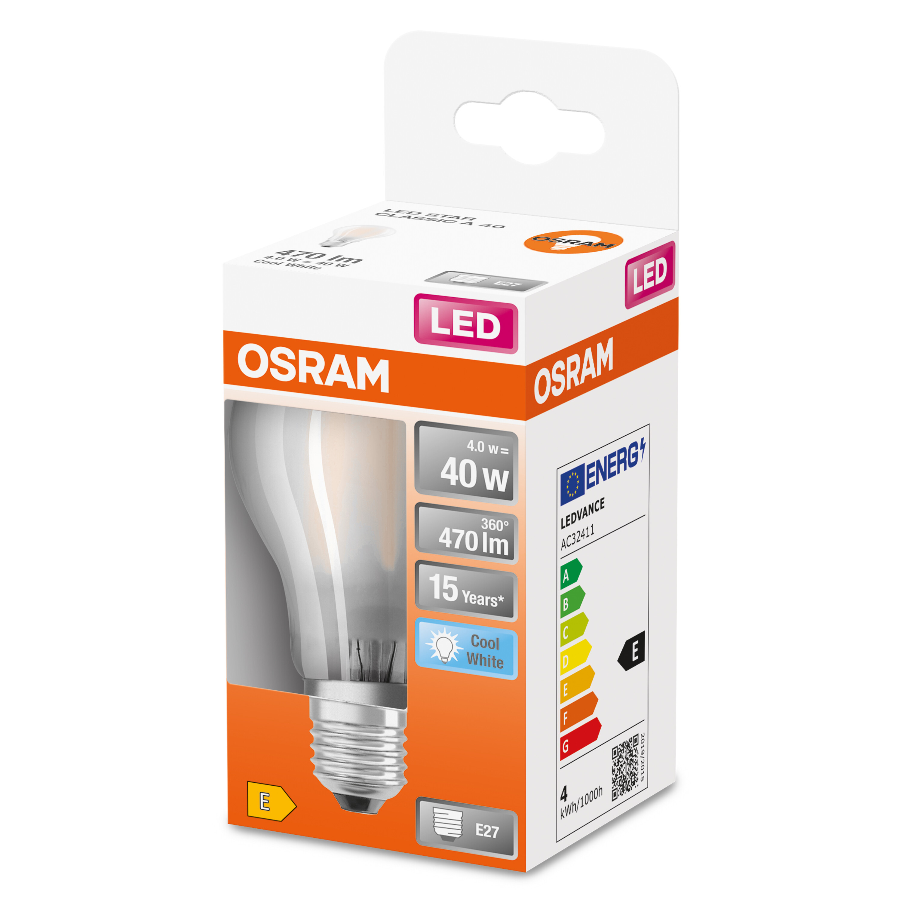 OSRAM LED-Glühbirnenbox. Enthält Glühbirnenbild, Leistung und Energieeffizienzdetails.