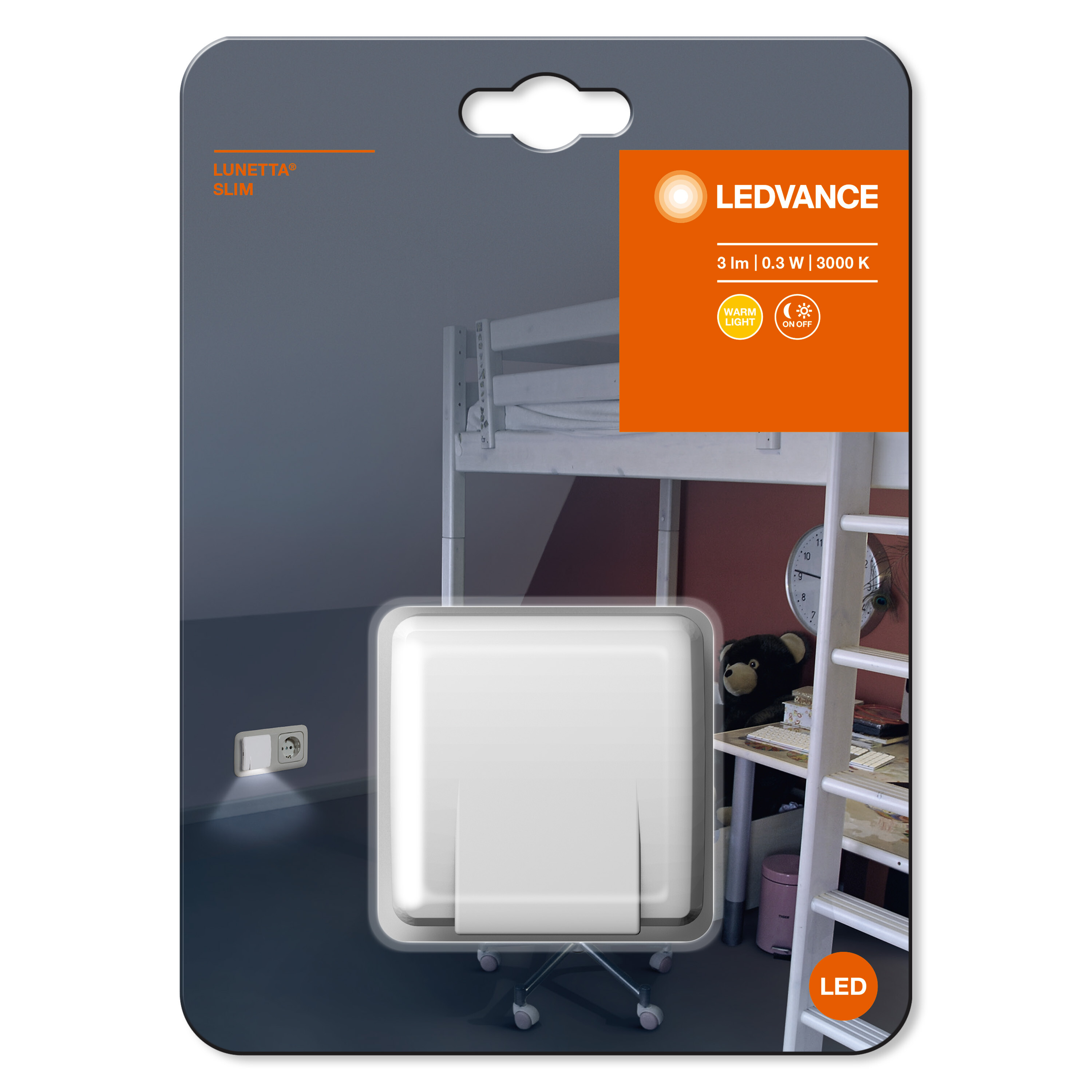 LED-Lichtverpackung. Das Produkt ist eine weiße quadratische Leuchte mit Schlafzimmer im Hintergrund.