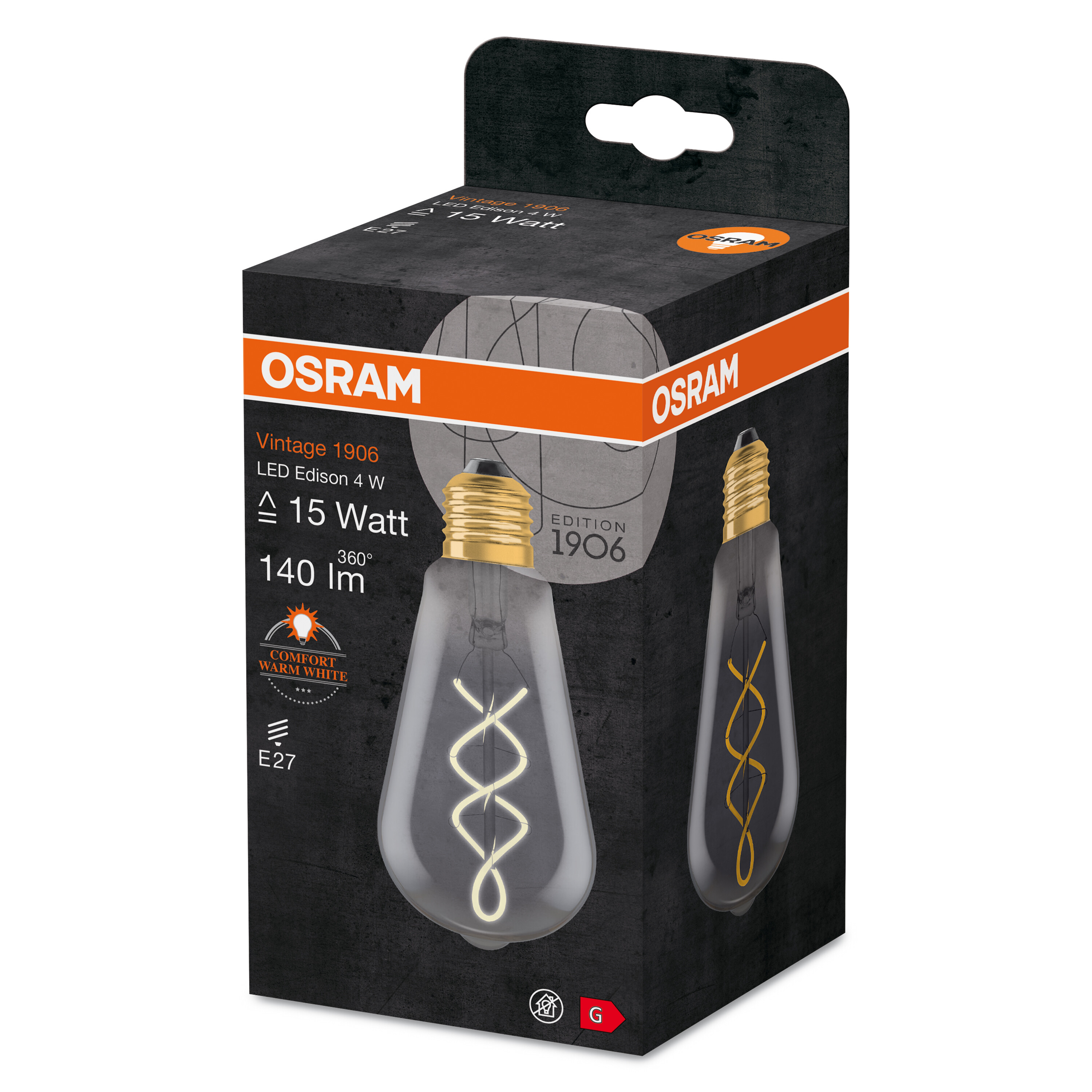 Eine Osram Vintage-Glühbirnenbox mit einer Edison-Glühbirne, isoliert auf Weiß.