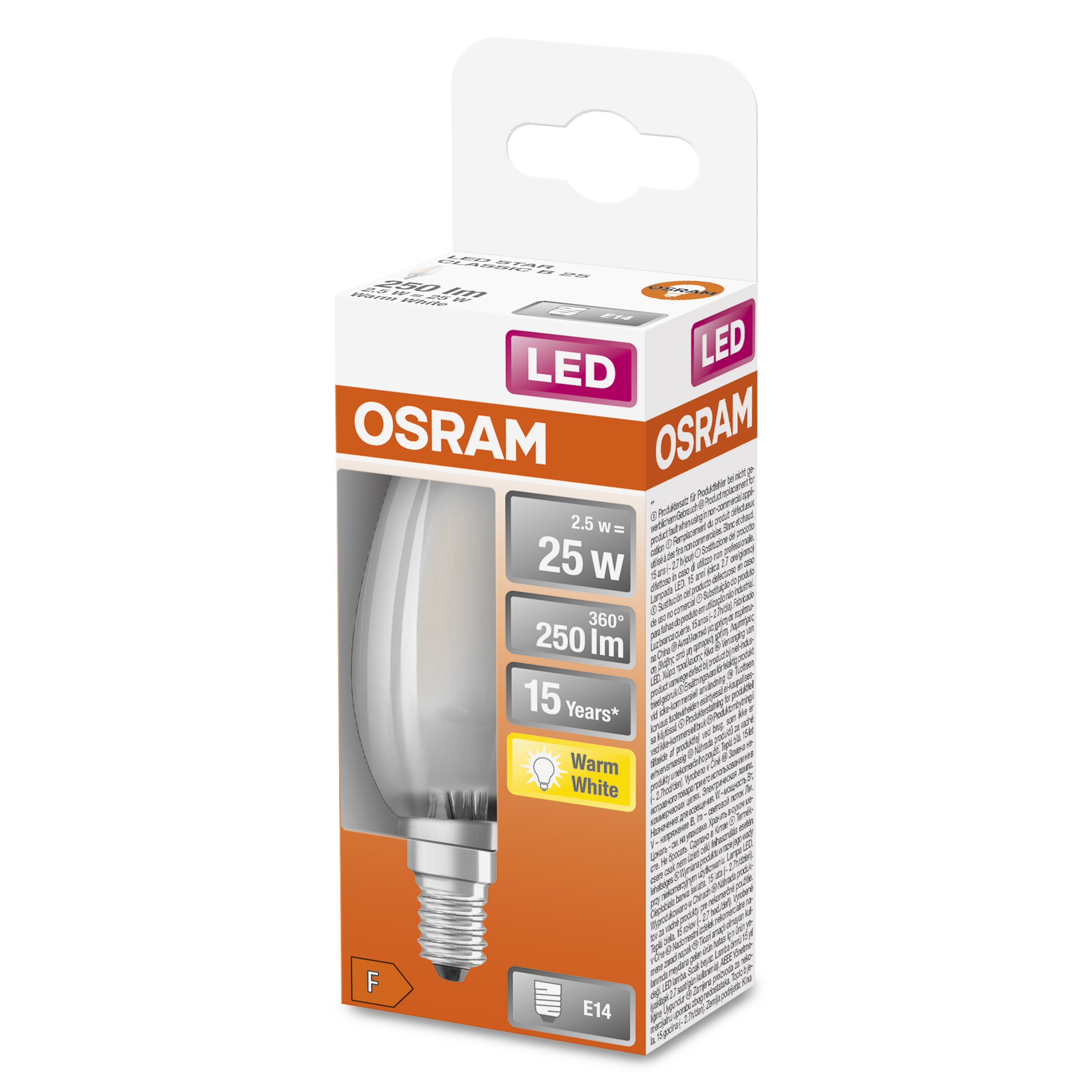 Lampadina a candela LED OSRAM in confezione, bianco caldo, attacco E14.