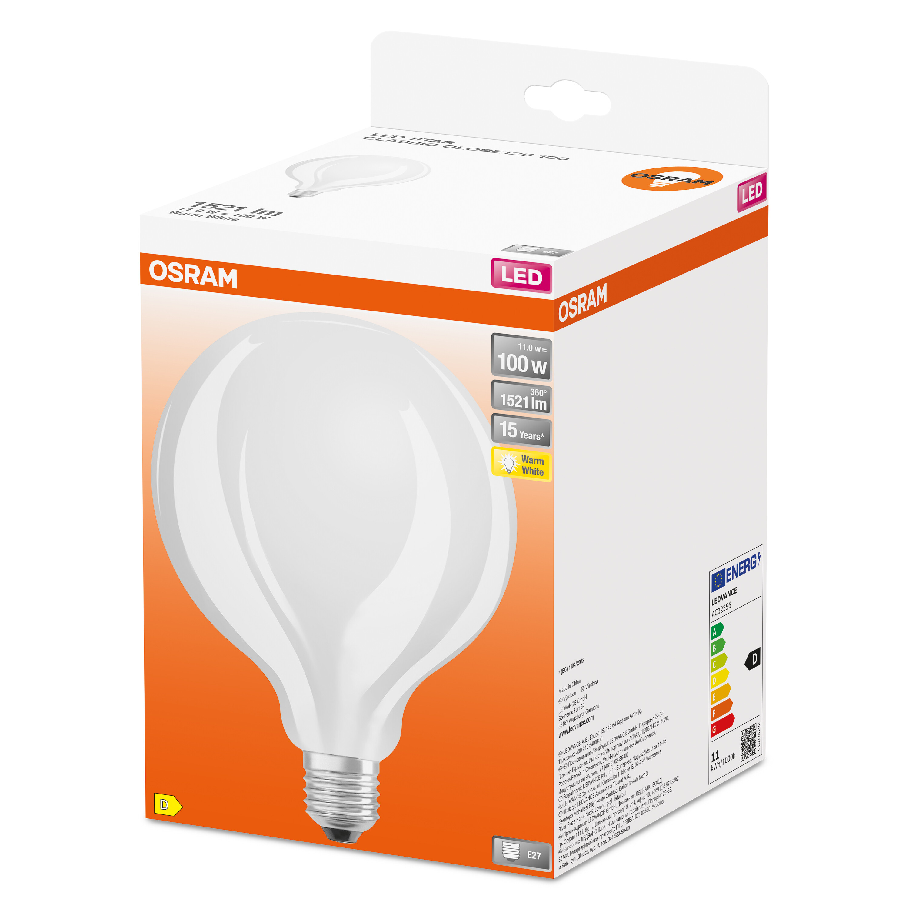Weißer Osram LED-Glühlampenkarton mit großer Glühlampenillustration.