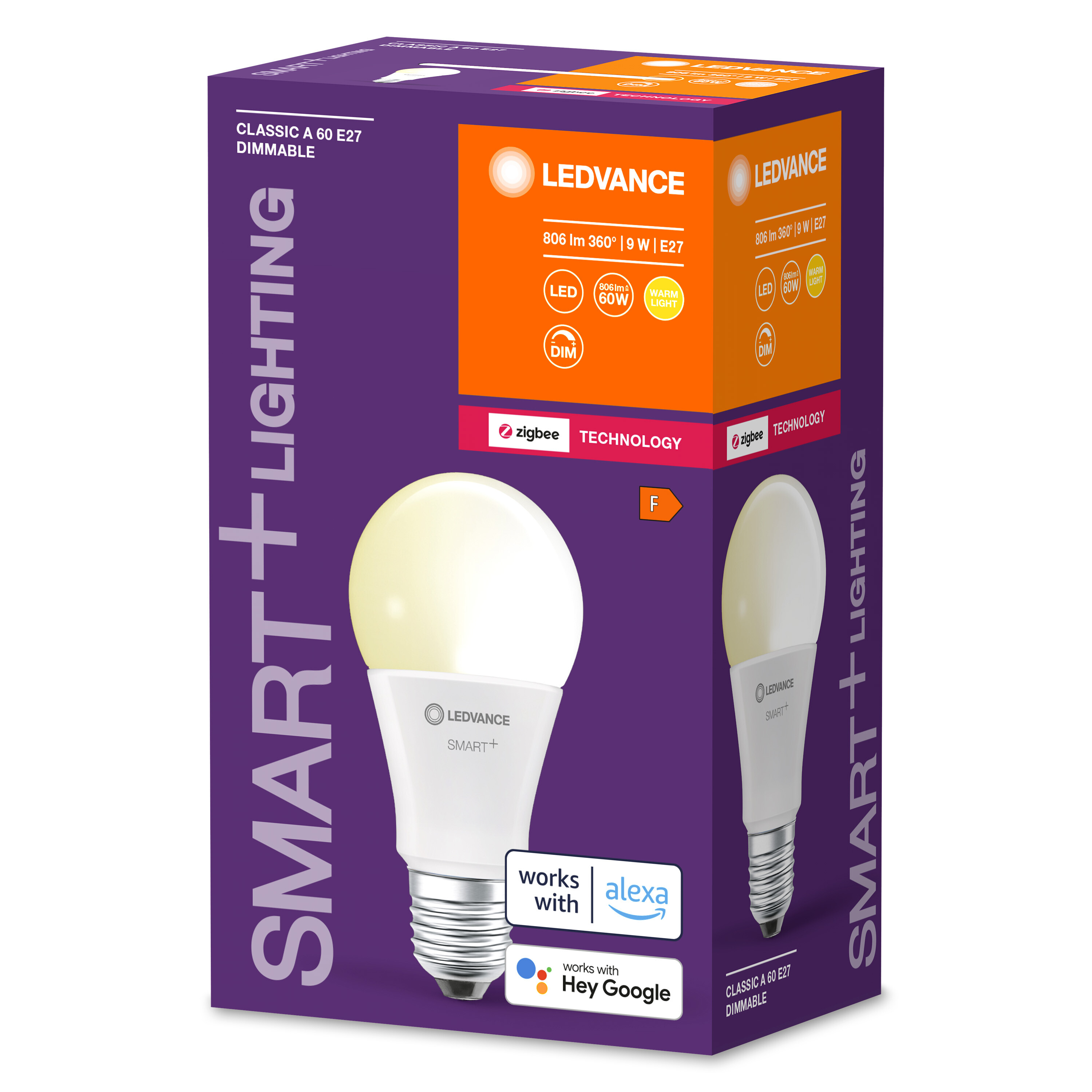 Box mit zwei smarten LED-Glühbirnen mit warmweißem Licht, mit dem Text "SMART + LIGHTING".