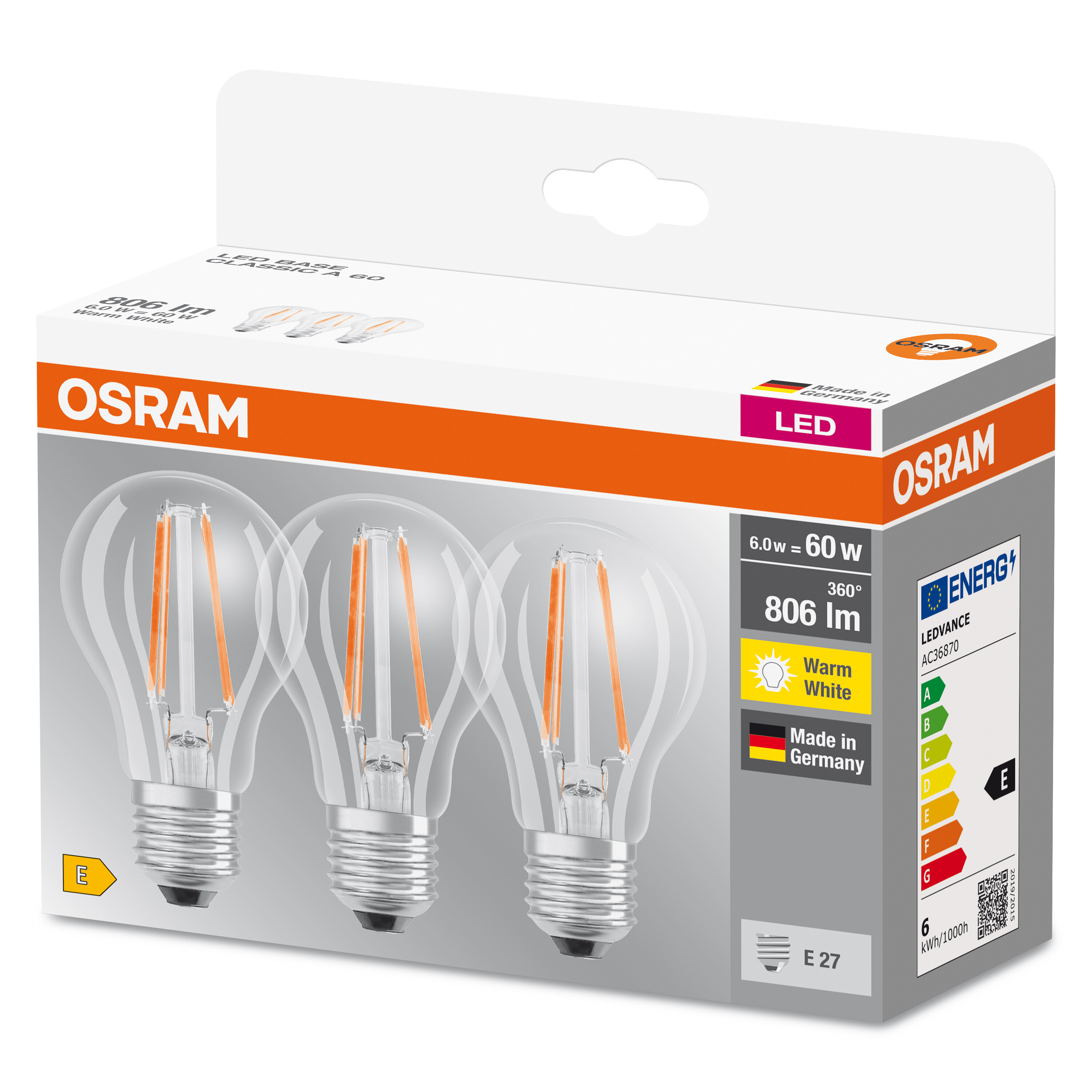 Lampe LED Warmweiß BASE CLASSIC A 806 LED OSRAM  Lumen