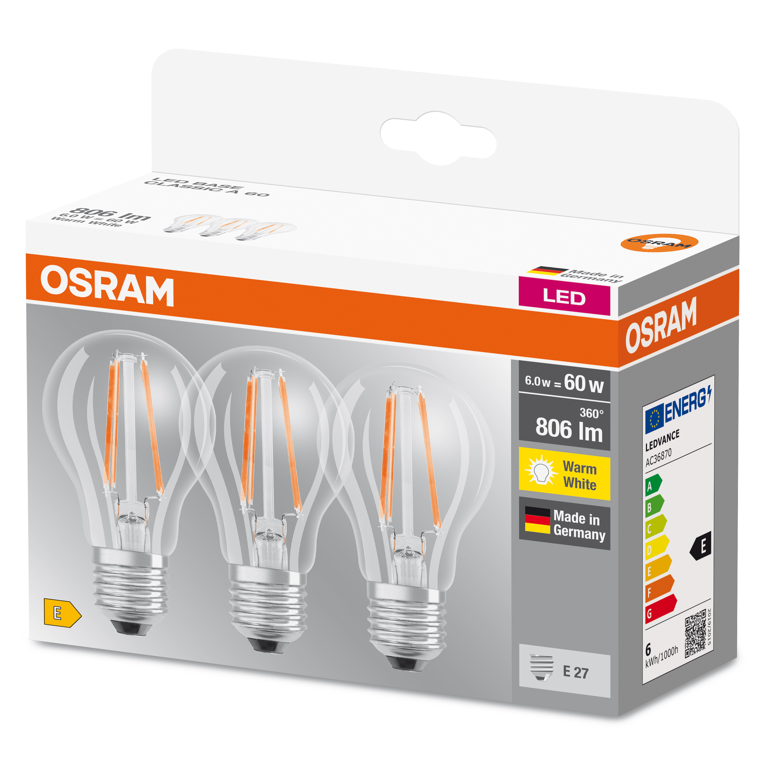 Drei OSRAM LED-Glühbirnen in Verpackung, warmweiß, E27-Sockel.
