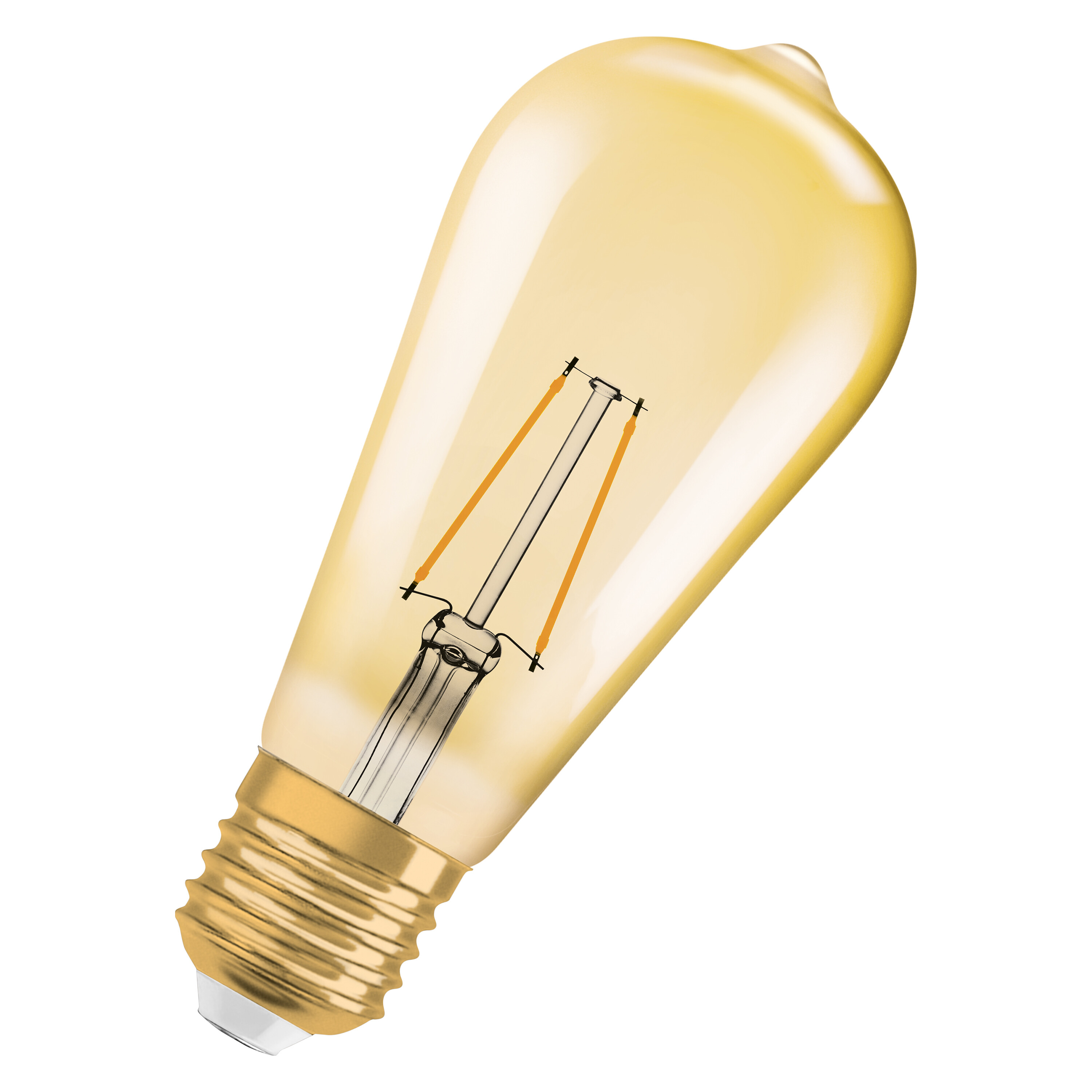 Bombilla Edison amarilla con filamentos expuestos, base dorada, fondo blanco.