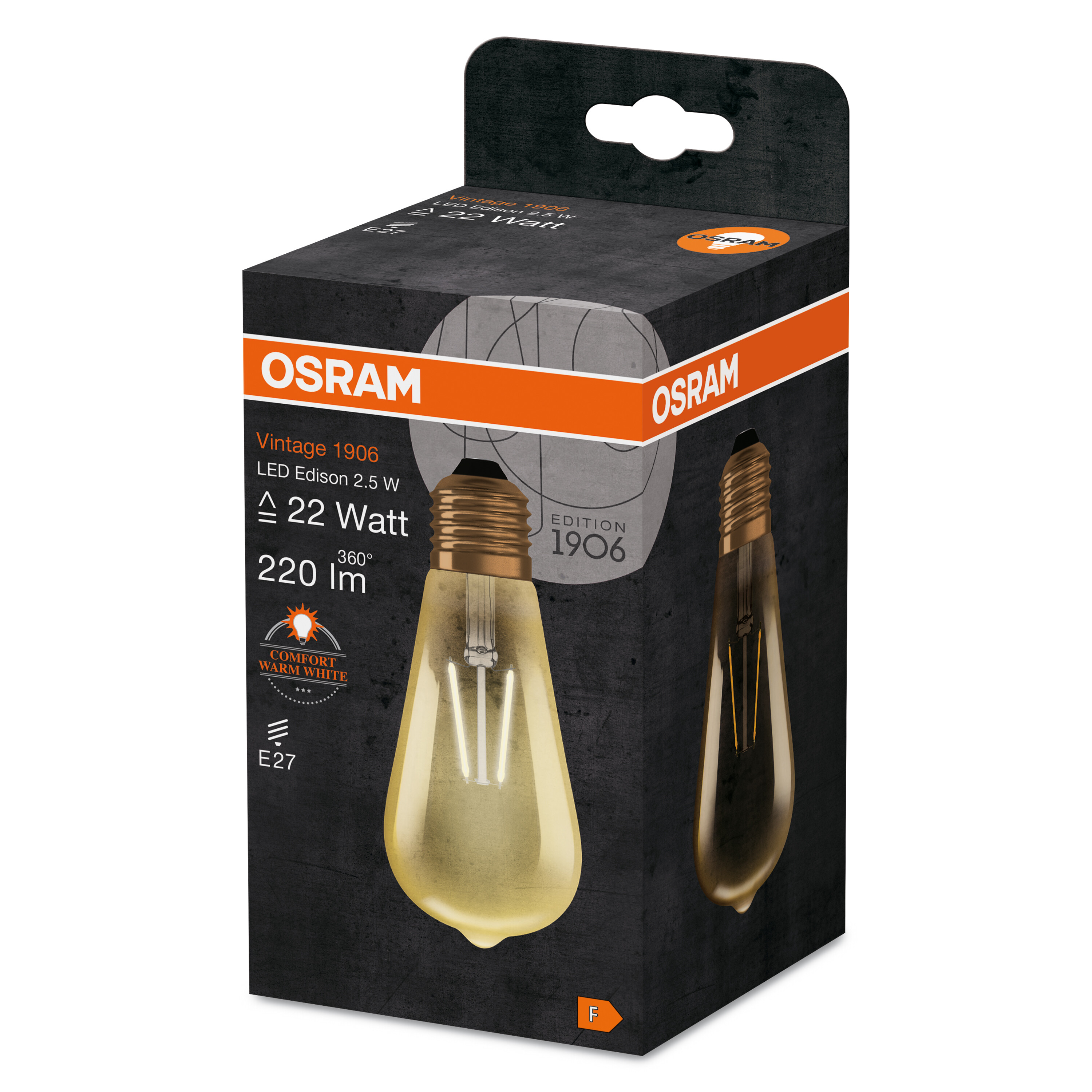 Una bombilla en un paquete, con texto que indica que es una bombilla Edison LED vintage.