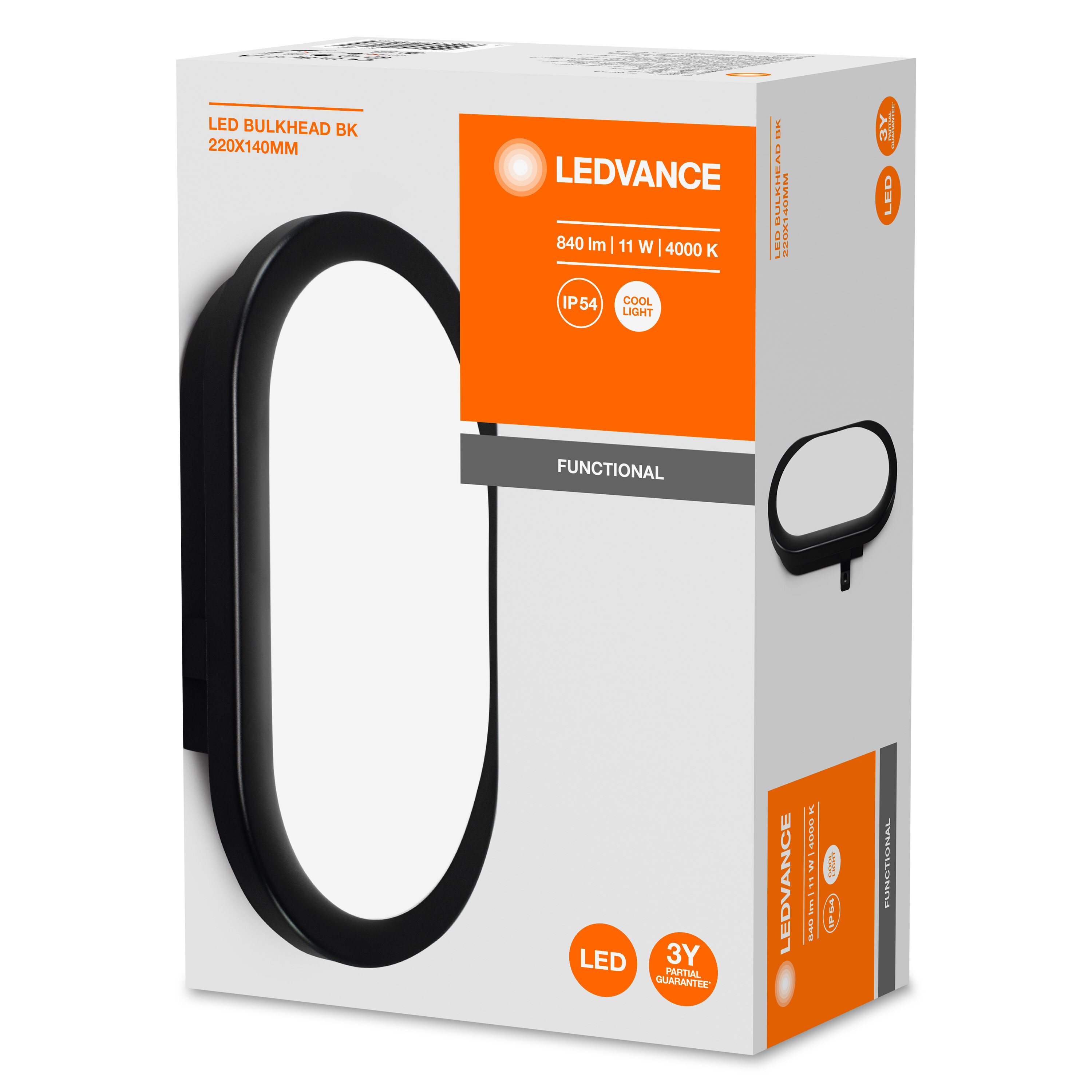 Pudełko LEDVANCE pokazujące czarną lampę grodziową LED z kroplami wody.