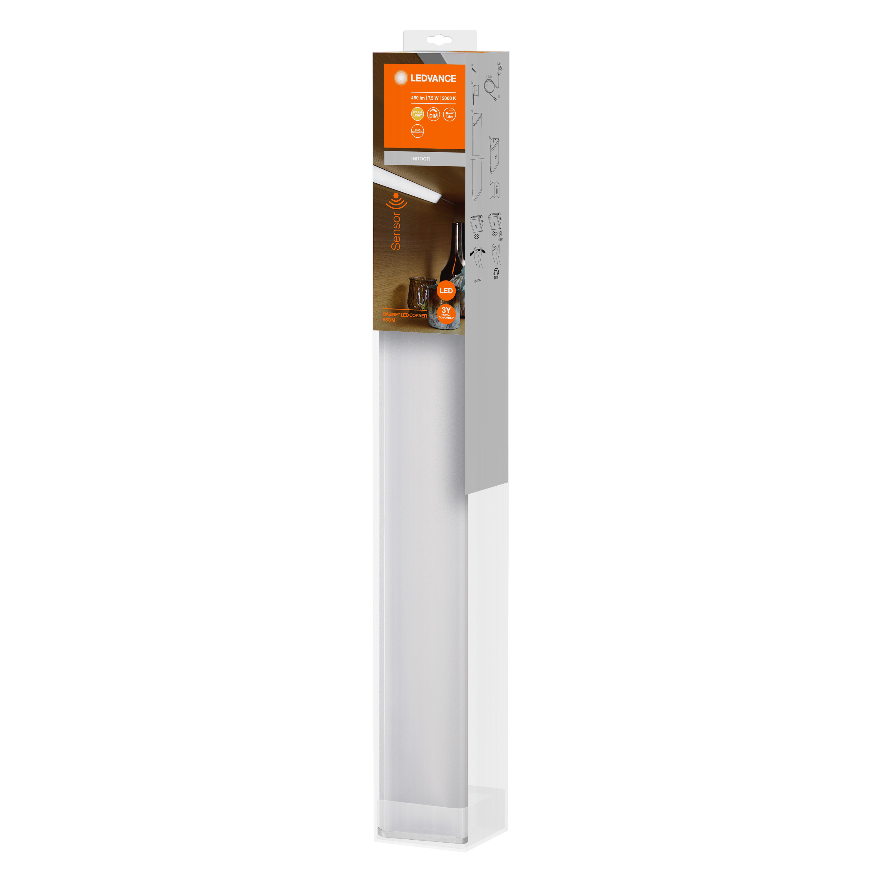 Eine lange Verpackung mit LEDVANCE-Linearlicht. Die Verpackung zeigt eine Leuchte. Text enthält 3 Jahre Garantie.