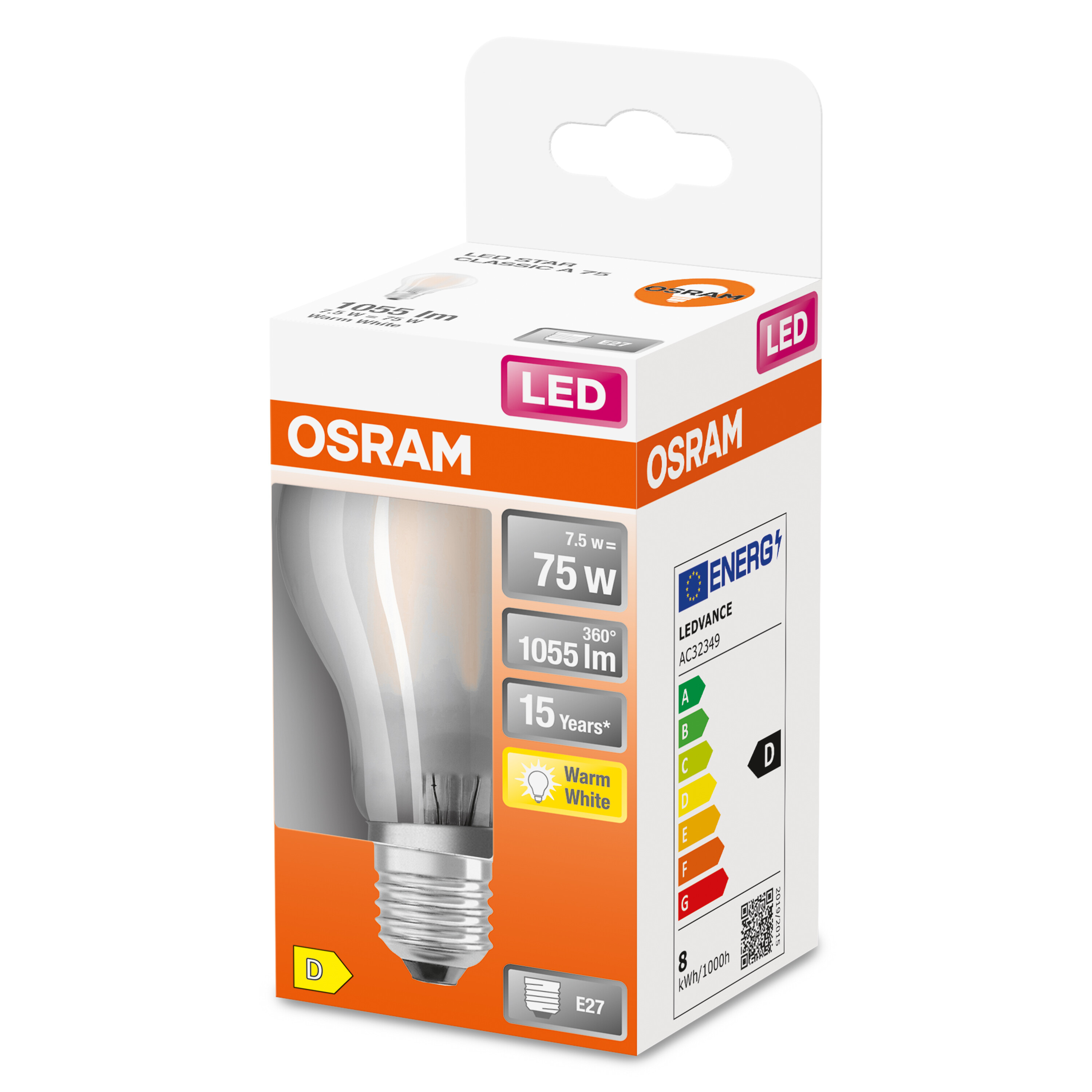 Pudełko żarówki LED Osram. Ma ciepłą białą barwę i moc 7,5W/75W.
