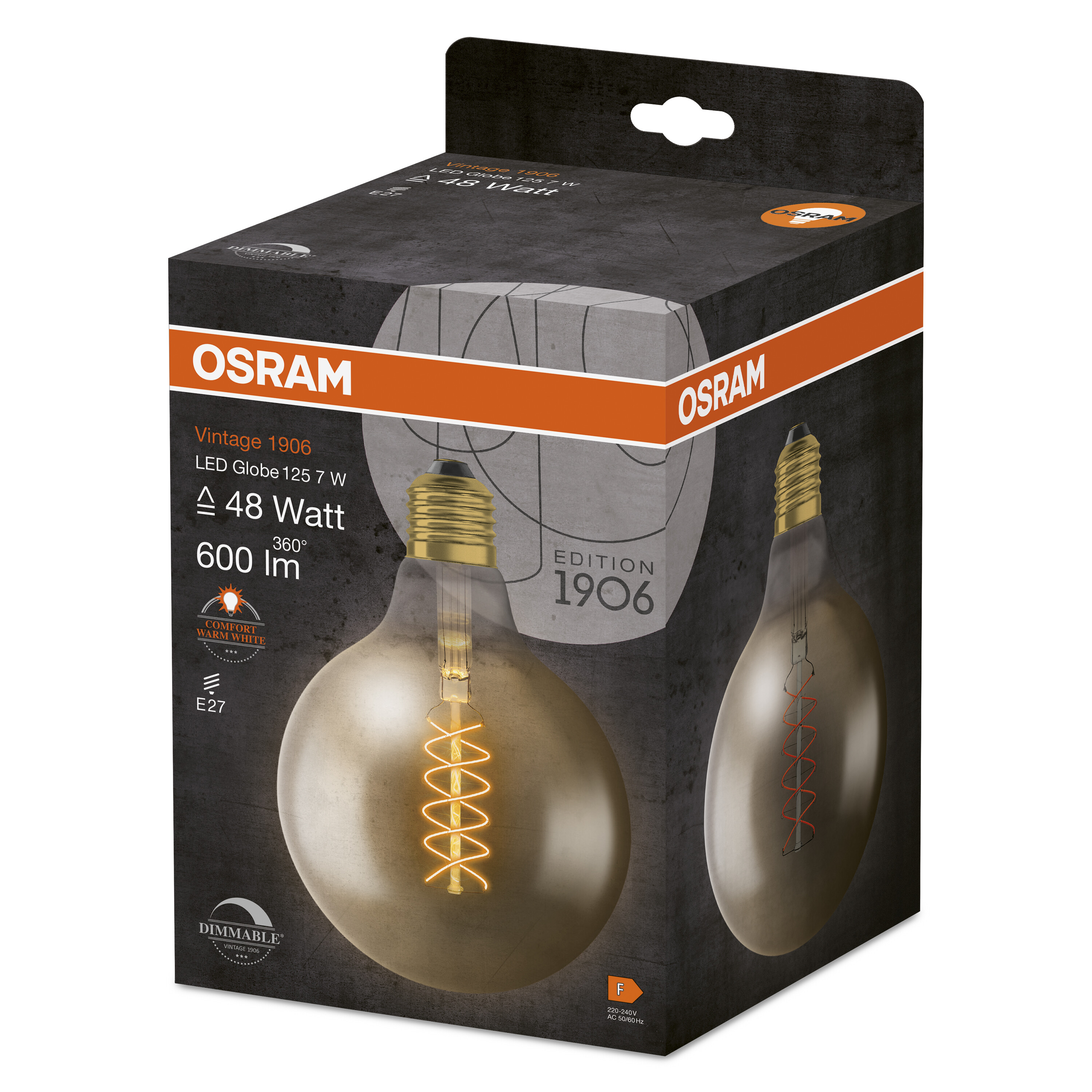 Lampadina OSRAM in scatola. La lampadina è marrone con filamento a spirale. La scatola è nera con dettagli arancioni.
