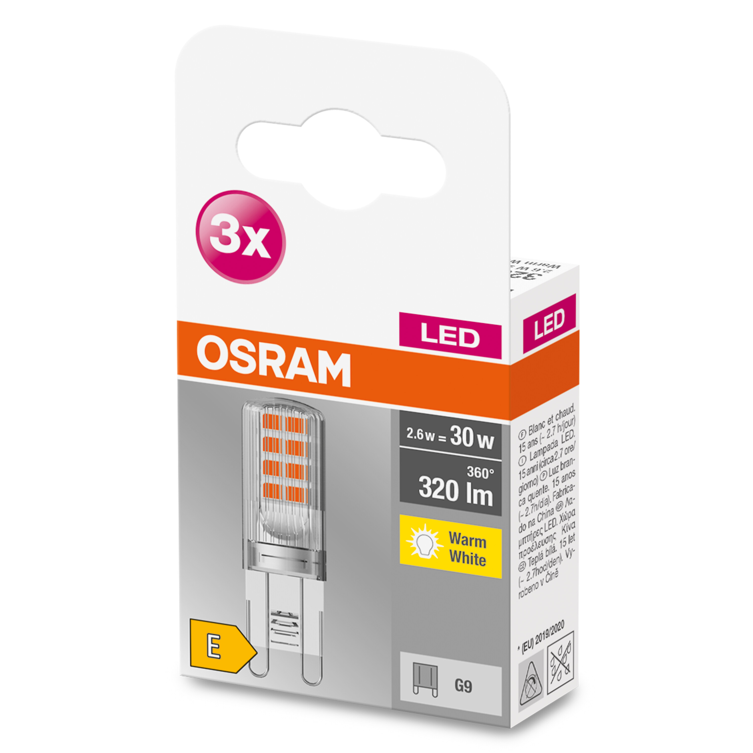LED-Glühbirnenverpackung. Weiße und orangefarbene Verpackung mit Produktdetails und einer durchsichtigen LED-Leuchte.