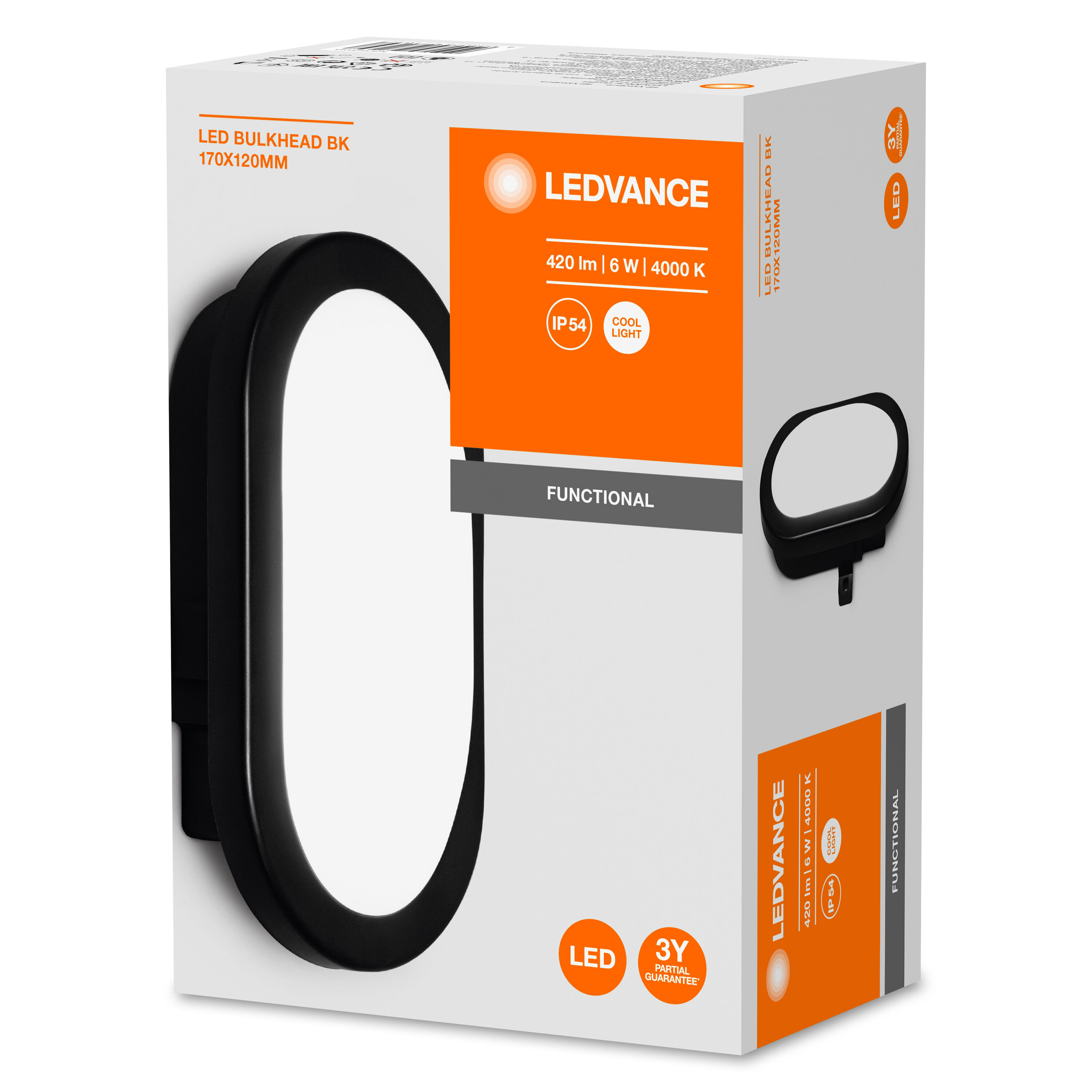 Eine weiße und orangefarbene LEDVANCE-Box mit einer schwarzen Leuchte. Die Leuchte hat eine ovale Form mit schwarzem Rand.