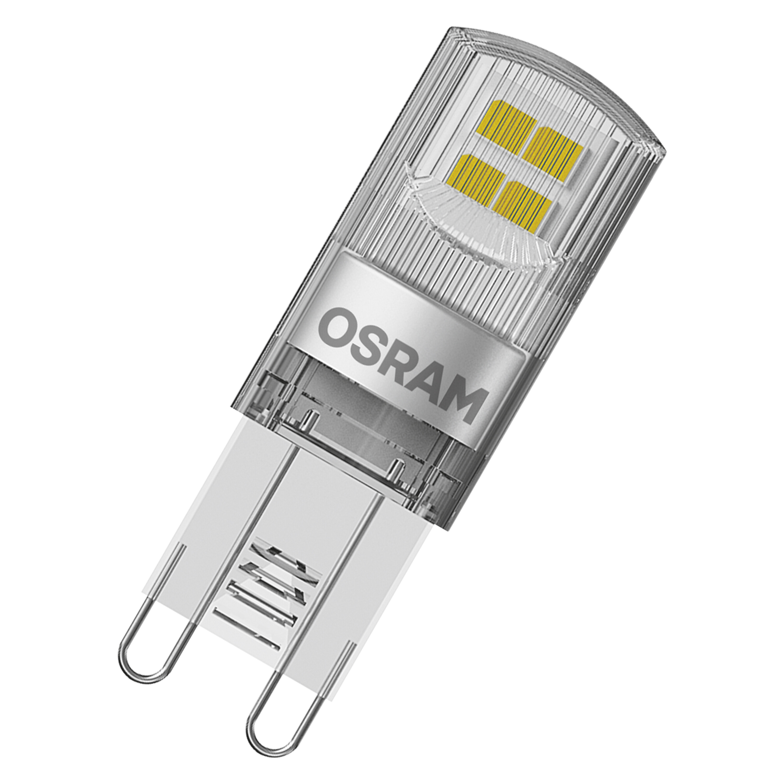 Nahaufnahme einer Osram LED-Glühbirne. Sie hat ein klares Kunststoffgehäuse und silbernes Osram-Branding.