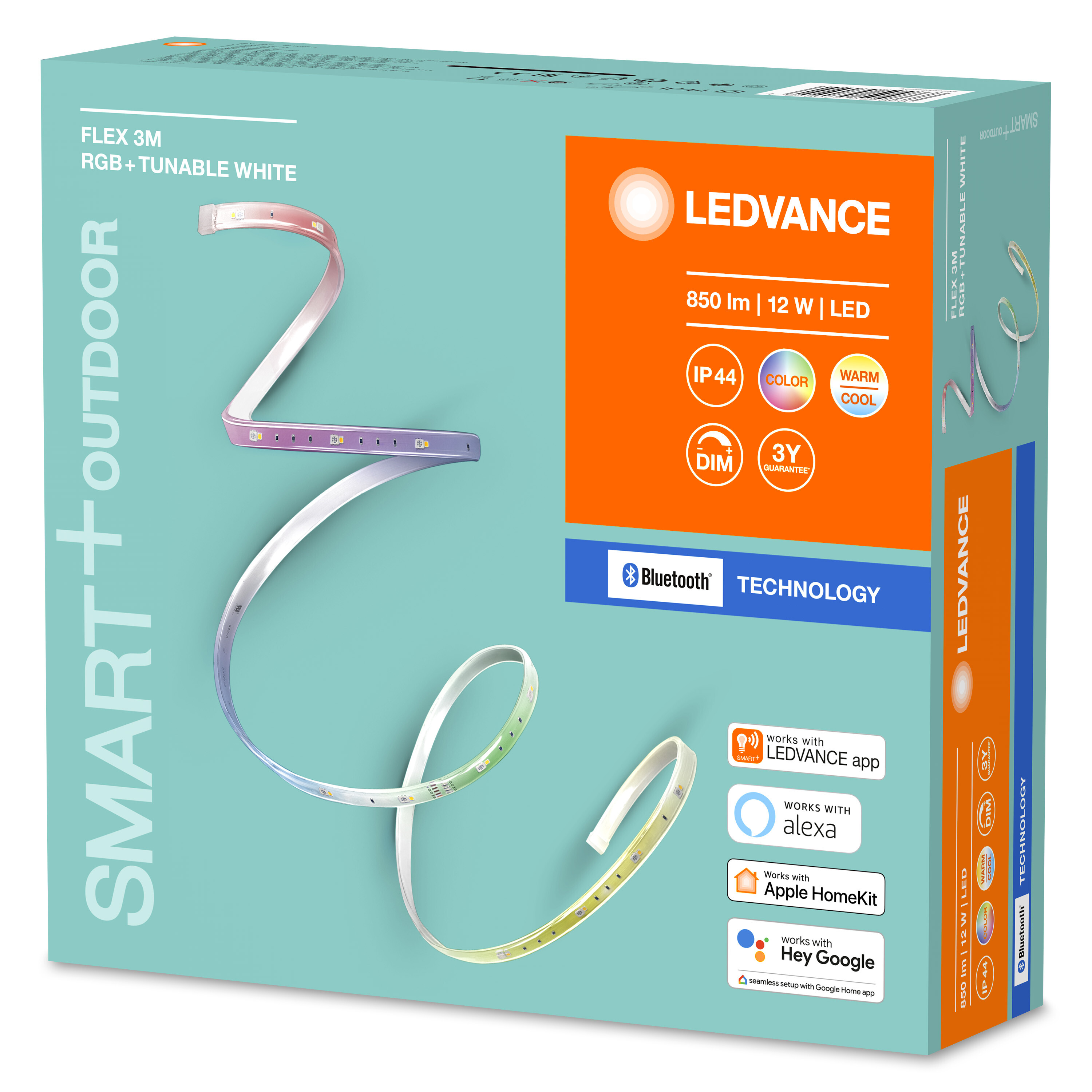 Eine Schachtel mit intelligenten LED-Lichtleisten für den Außenbereich. Die Schachtel hat das LEDVANCE-Logo und Produktinformationen.
