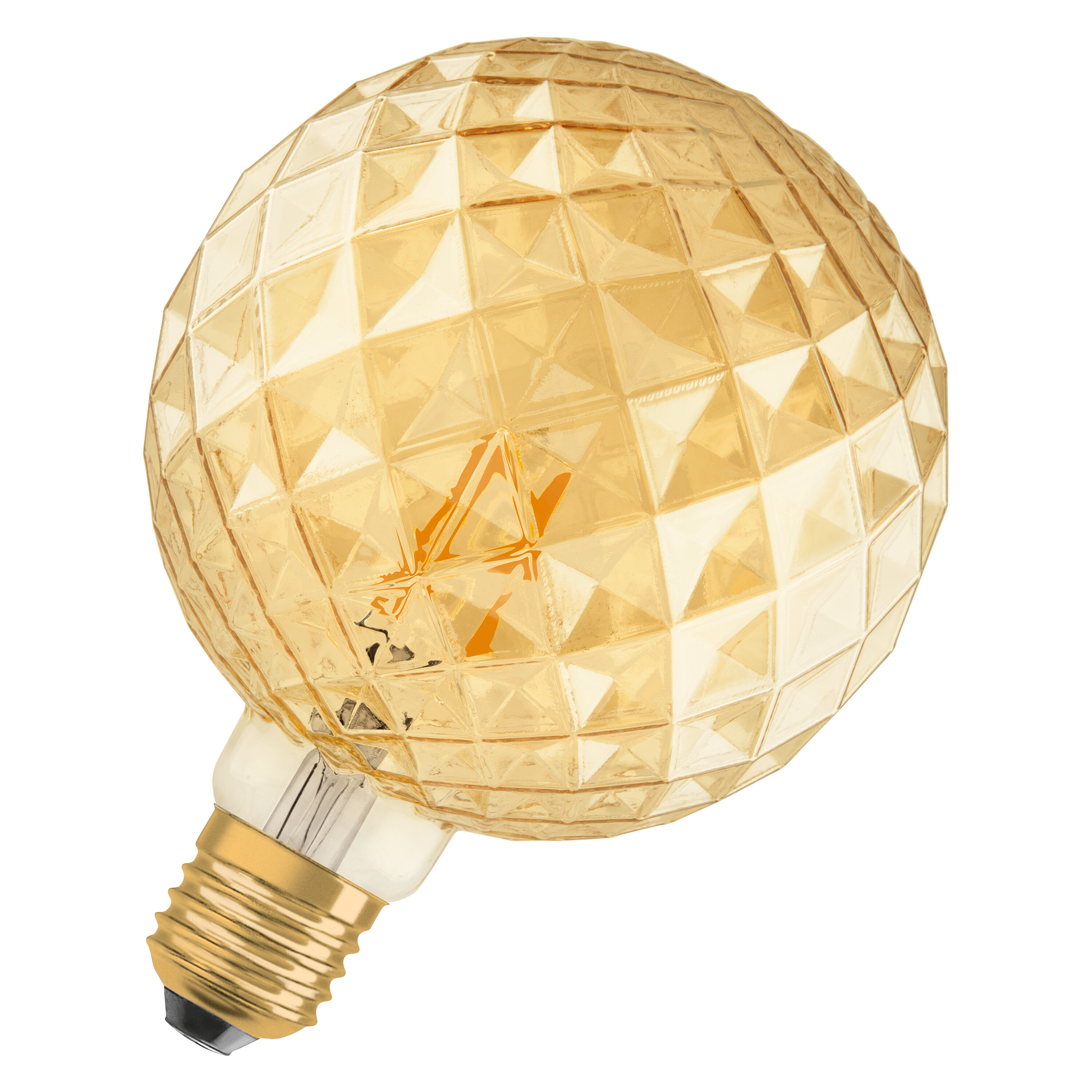 Dekorative bernsteinfarbene Glühbirne mit Diamantmuster. Sie hat einen goldenen Sockel.