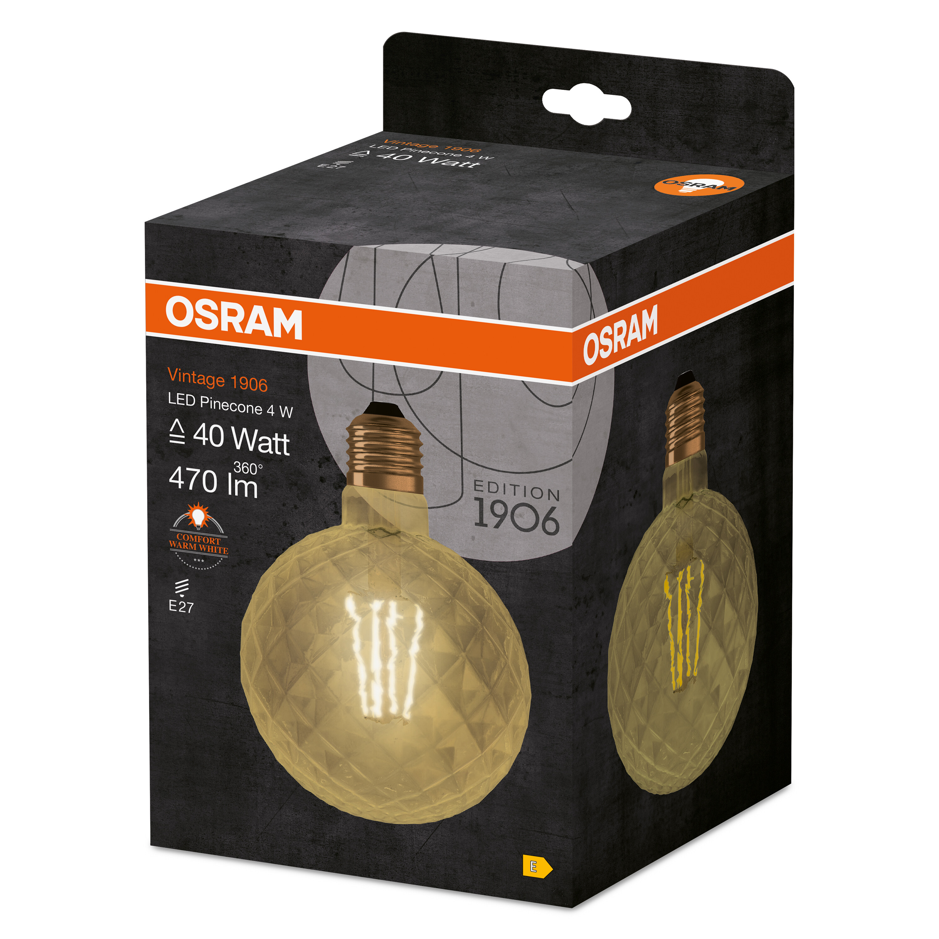 Verpackung für eine OSRAM LED-Glühbirne im Vintage-Design. Die Glühbirne ist goldfarben und rautenförmig.