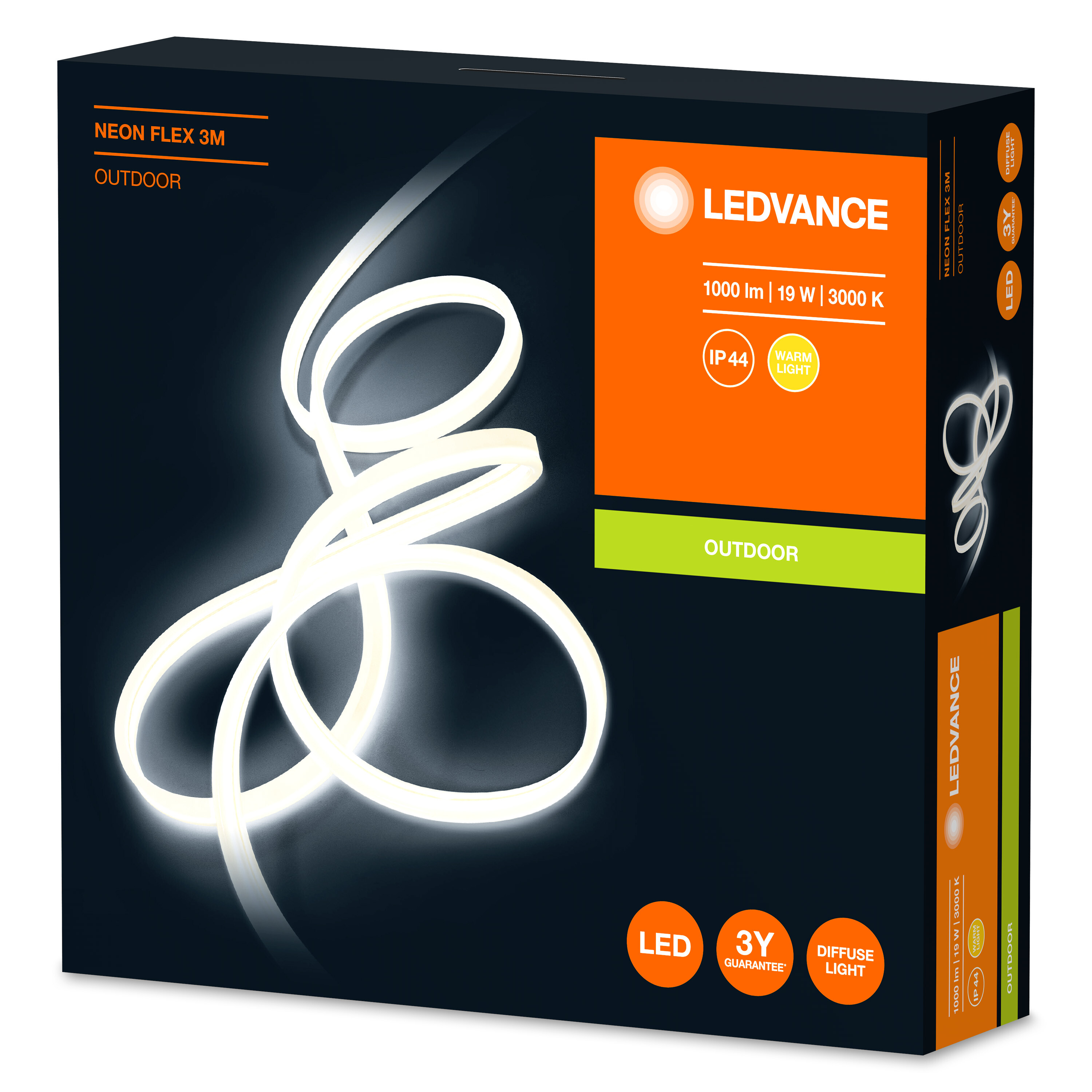 Karton LEDVANCE Neon Flex 3M Außenbeleuchtung. Weißes, geschwungenes Neonlicht.