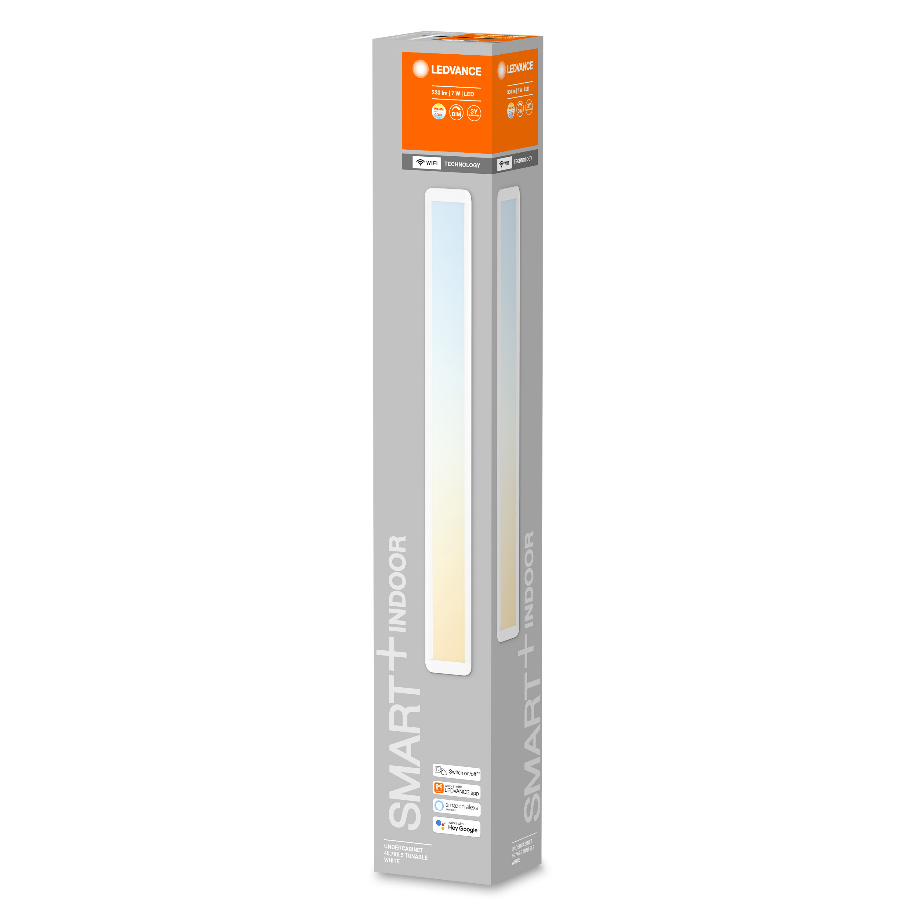 LEDVANCE Smart Indoor Licht Produktbox. Weiße und graue Box, Leuchte innen sichtbar.