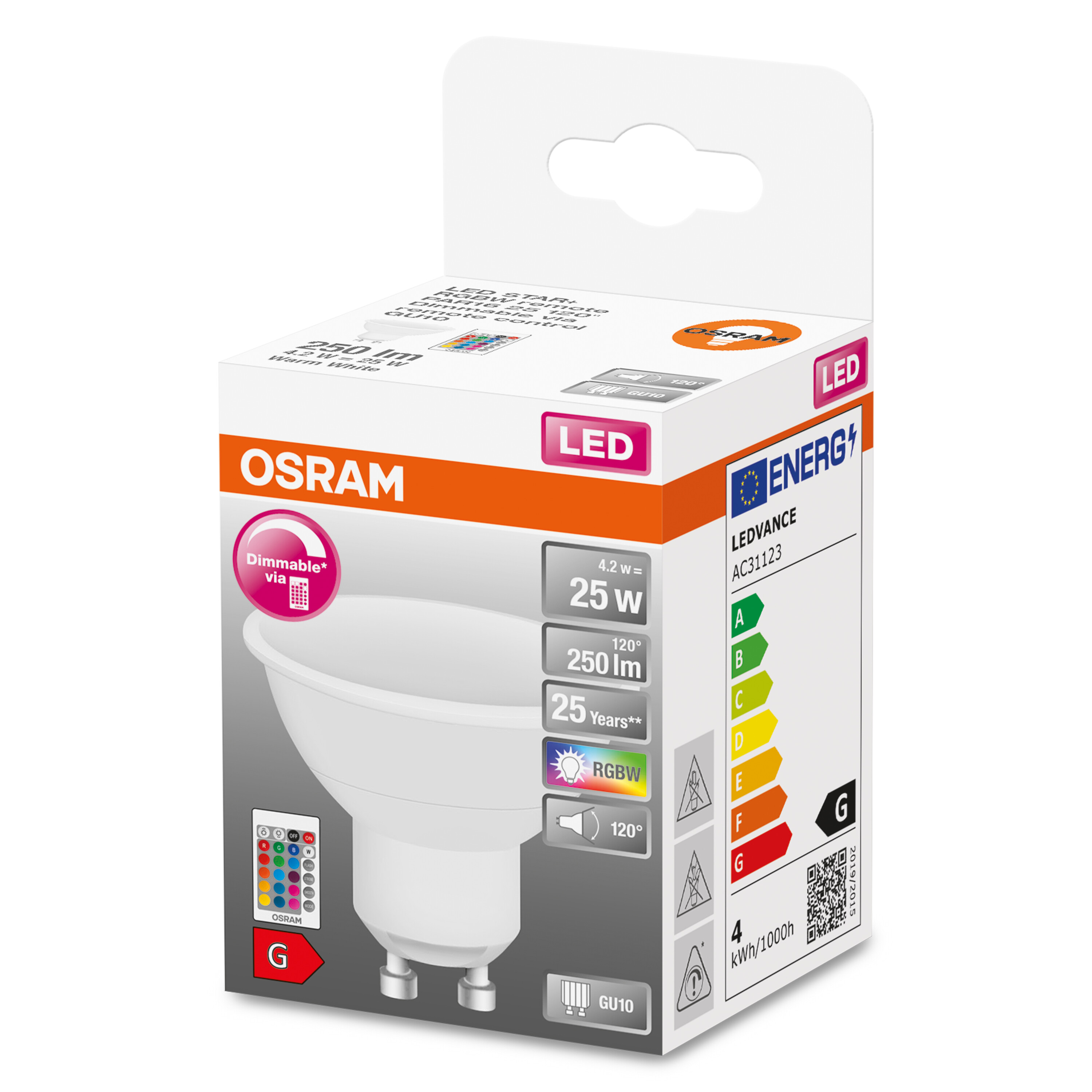 Weiße und orangefarbene Box mit OSRAM LED-Licht. Es hat ein Licht und Text auf der Box.