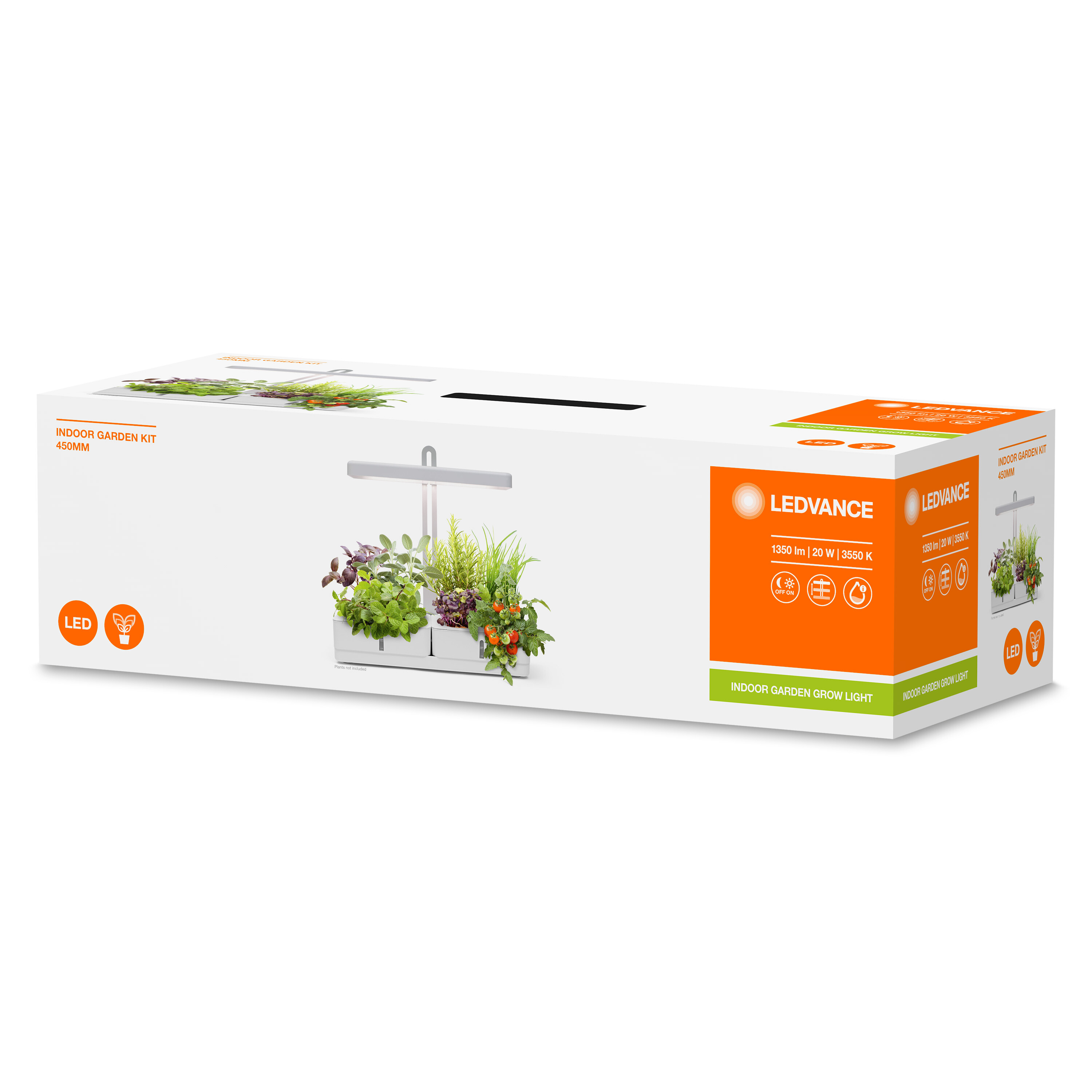 Eine weiße Box für ein Indoor-Garten-Kit. Es hat ein Bild von Pflanzen und das Ledvance-Logo darauf.