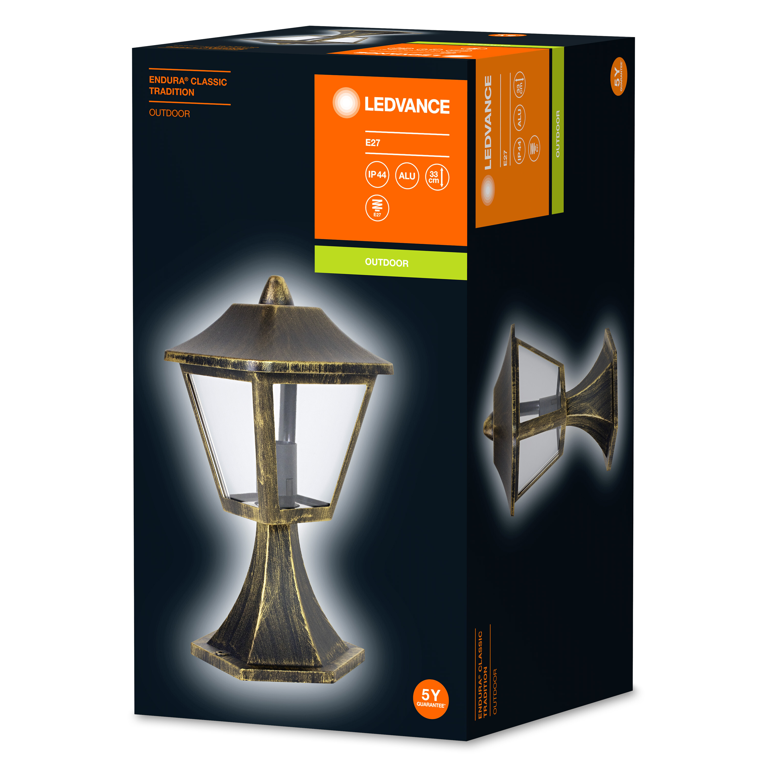Karton einer Außenlampe. Er zeigt ein Bild der Lampe und das Branding.
