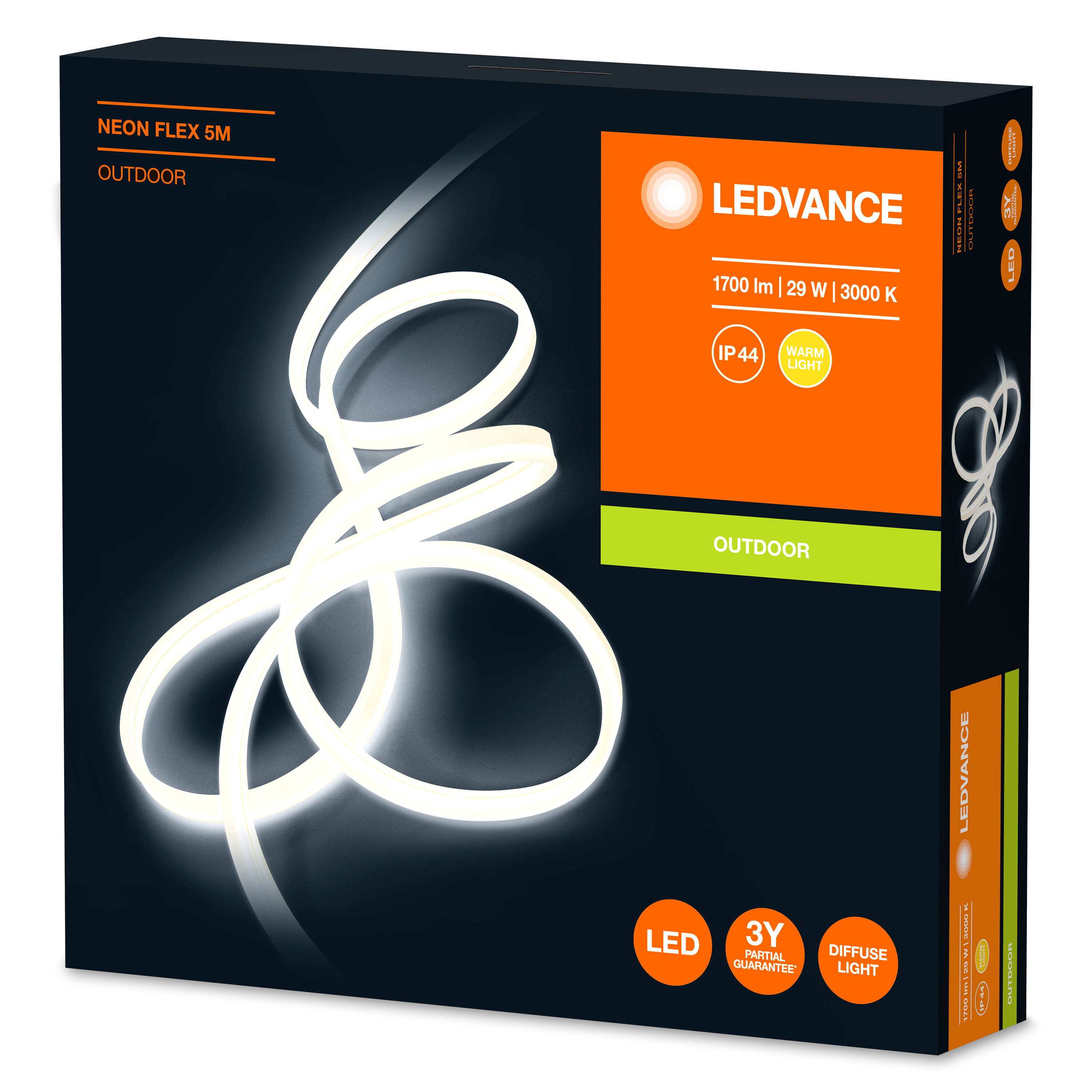 LEDVANCE Neon Flex 5m Box, mit aufgerolltem Licht. Merkmale: IP44, warmes Licht.