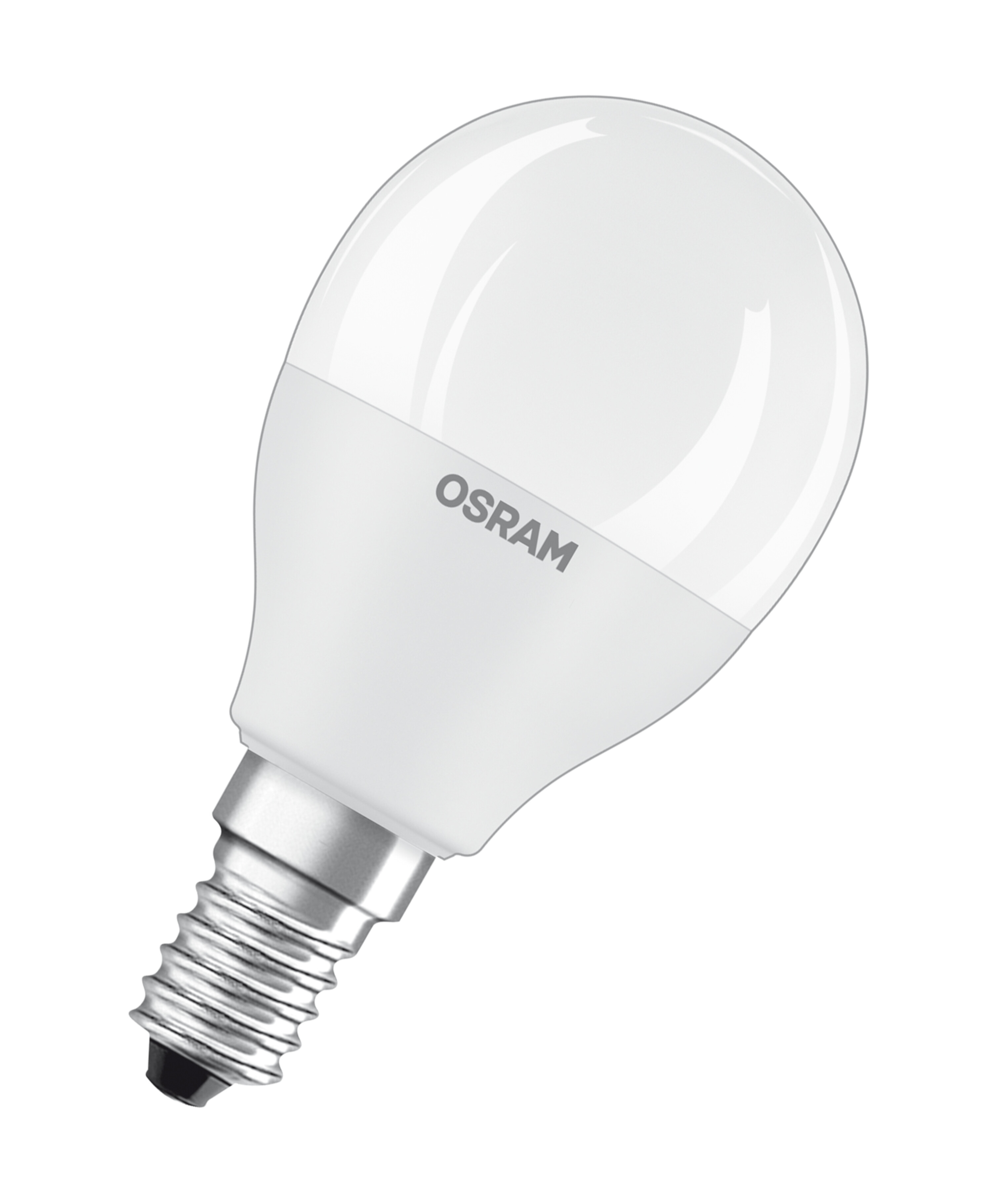Une ampoule LED OSRAM blanche, avec un dessus arrondi et une base argentée, sur fond blanc.