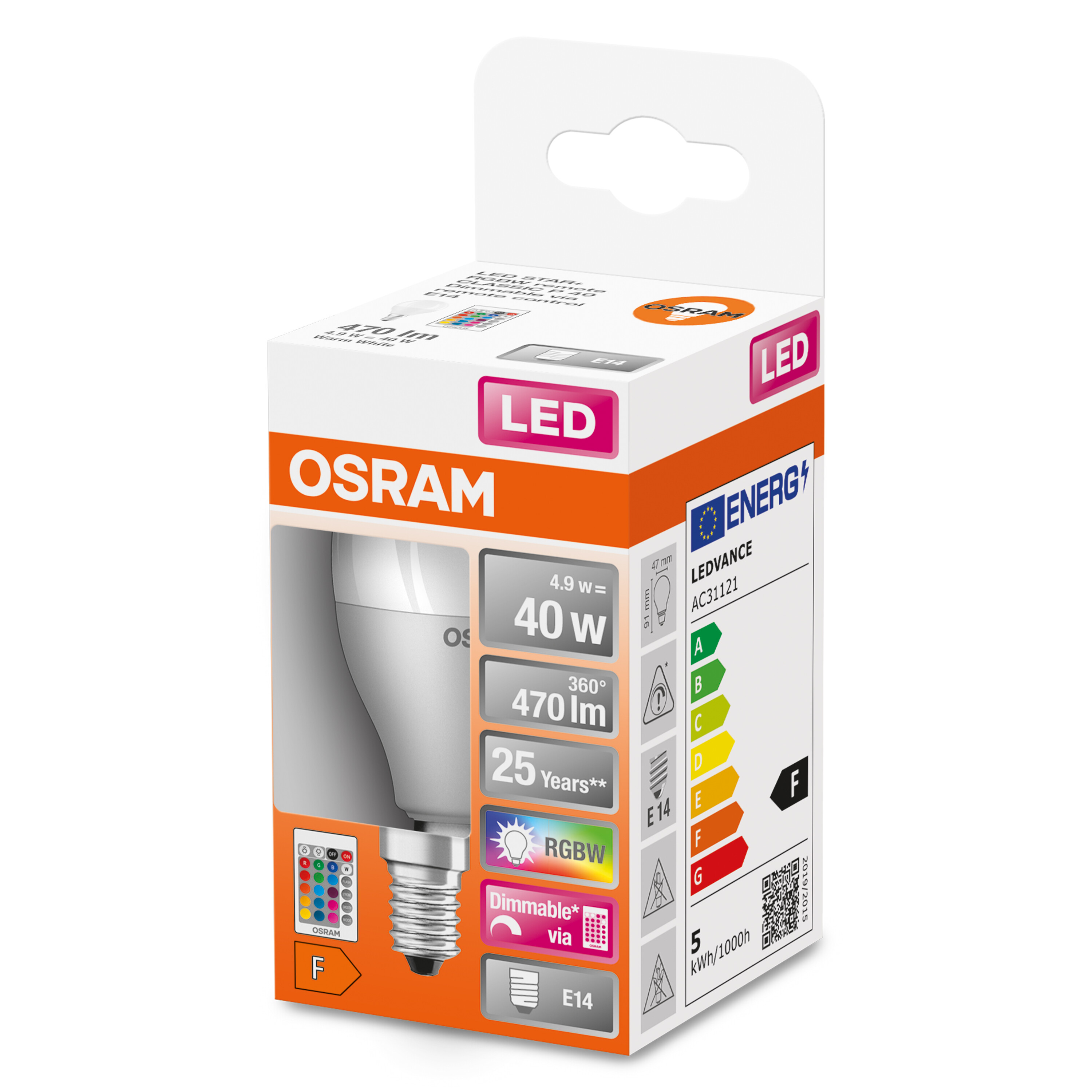 Ampoule LED Osram en boîte avec détails d'efficacité énergétique et télécommande.