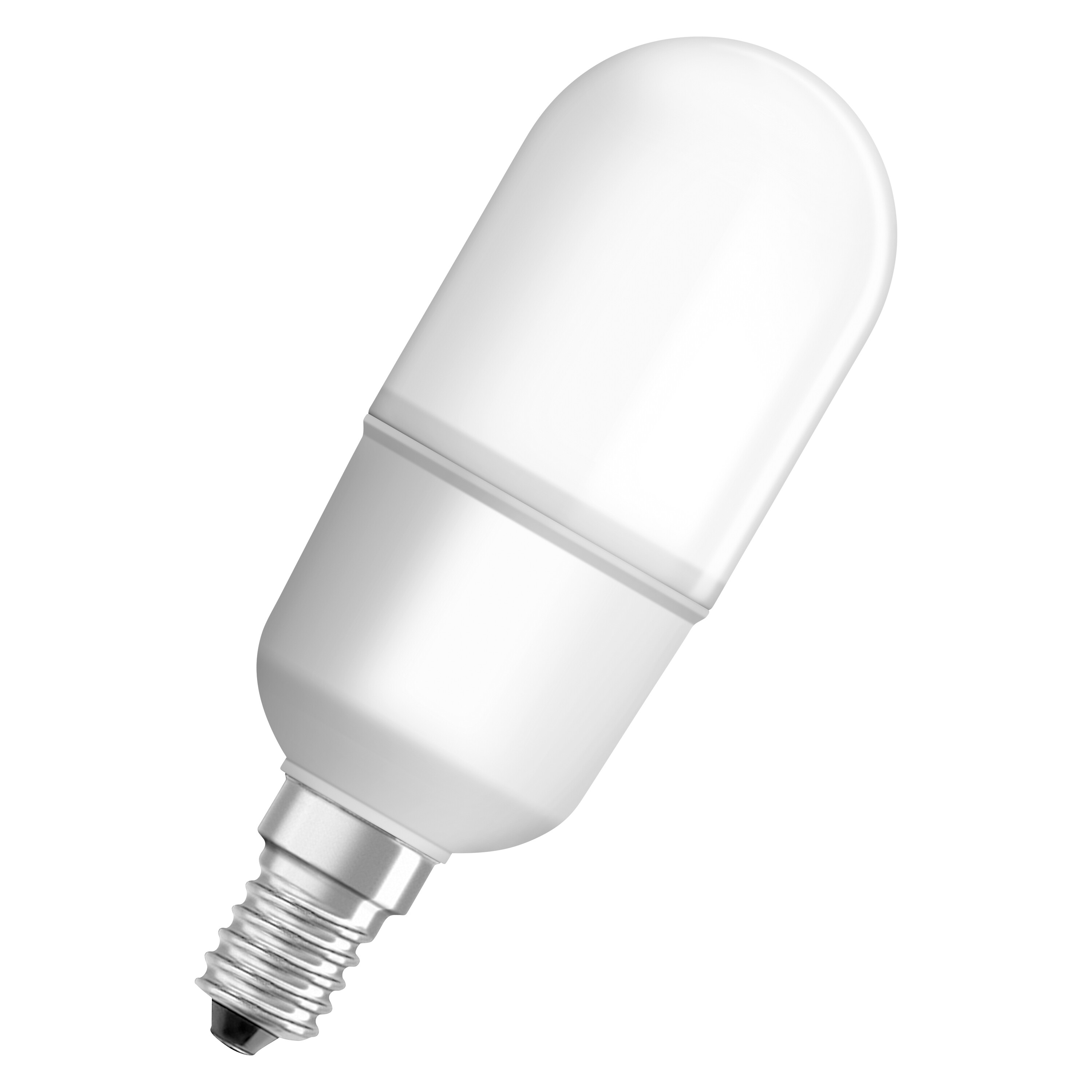 Weiße LED-Glühbirne, längliche Form mit silbernem Sockel.