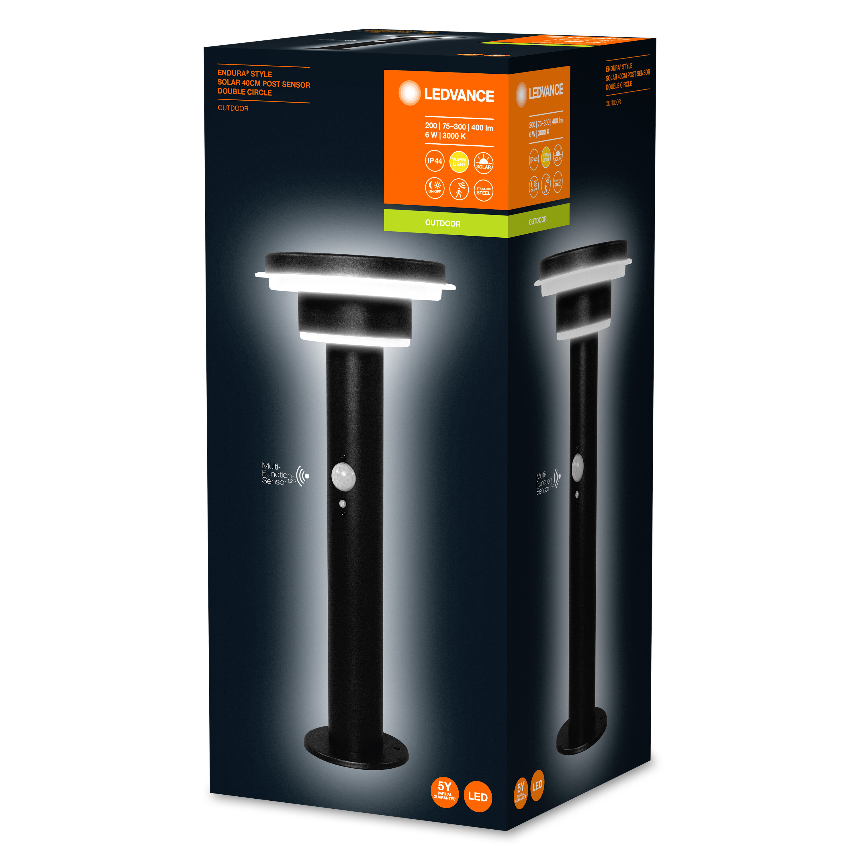 Luz solar exterior negra en una caja. Tiene una base negra y una luz blanca.