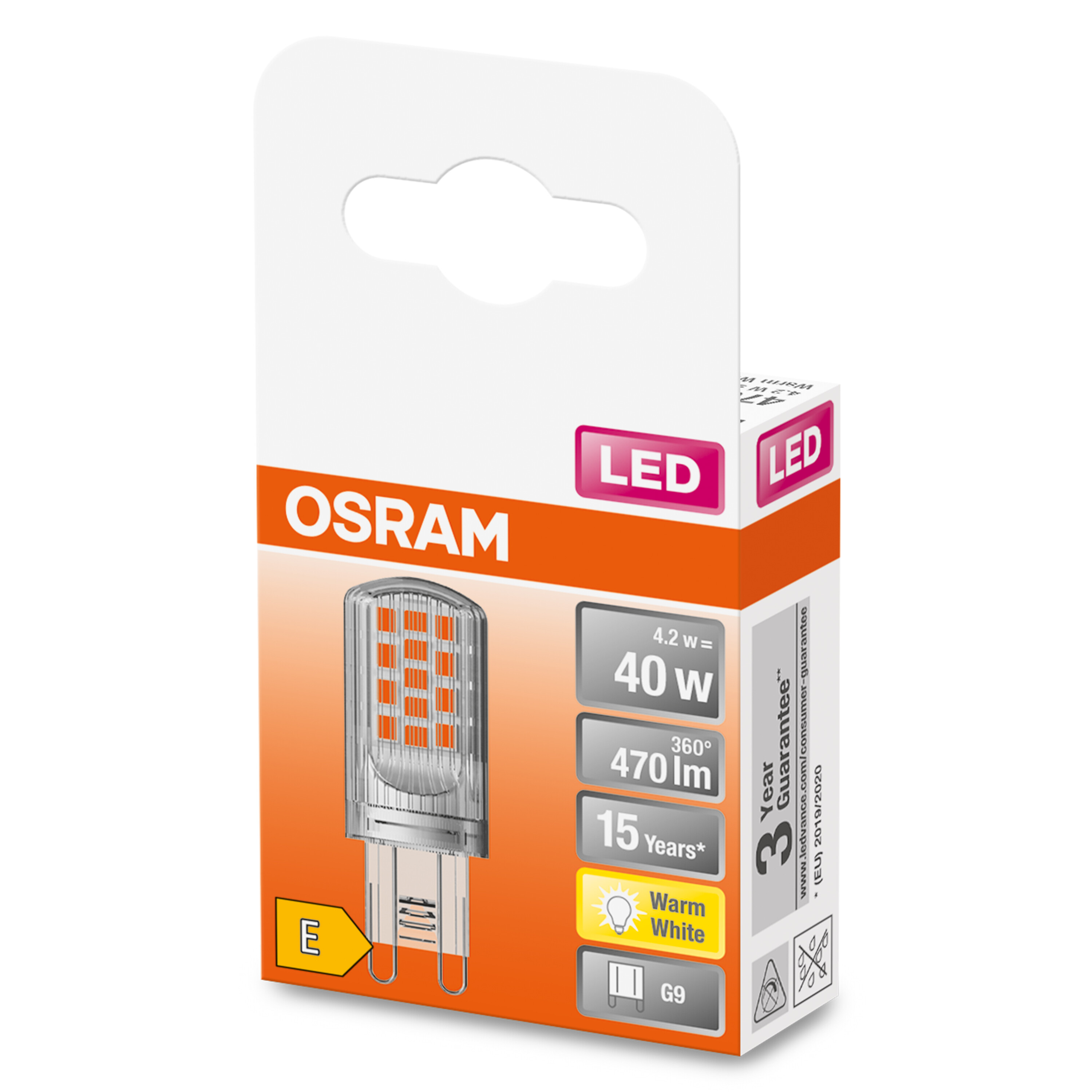 OSRAM LED-Glühbirne in Verpackung, orange und weiß, Spezifikationen auf der Vorderseite.