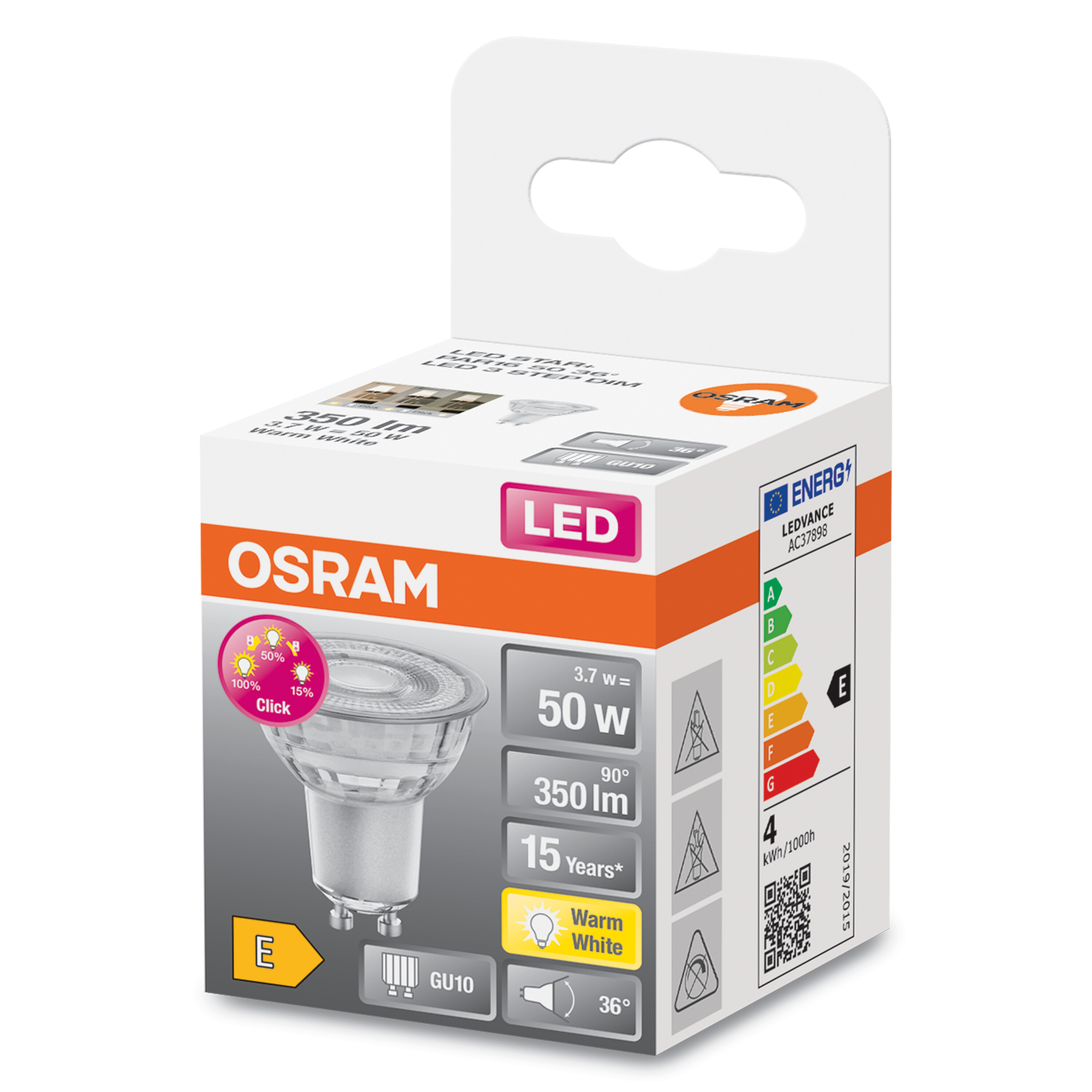 Lampadina LED OSRAM in confezione, bianca e arancione, dettagli sull'emissione luminosa.
