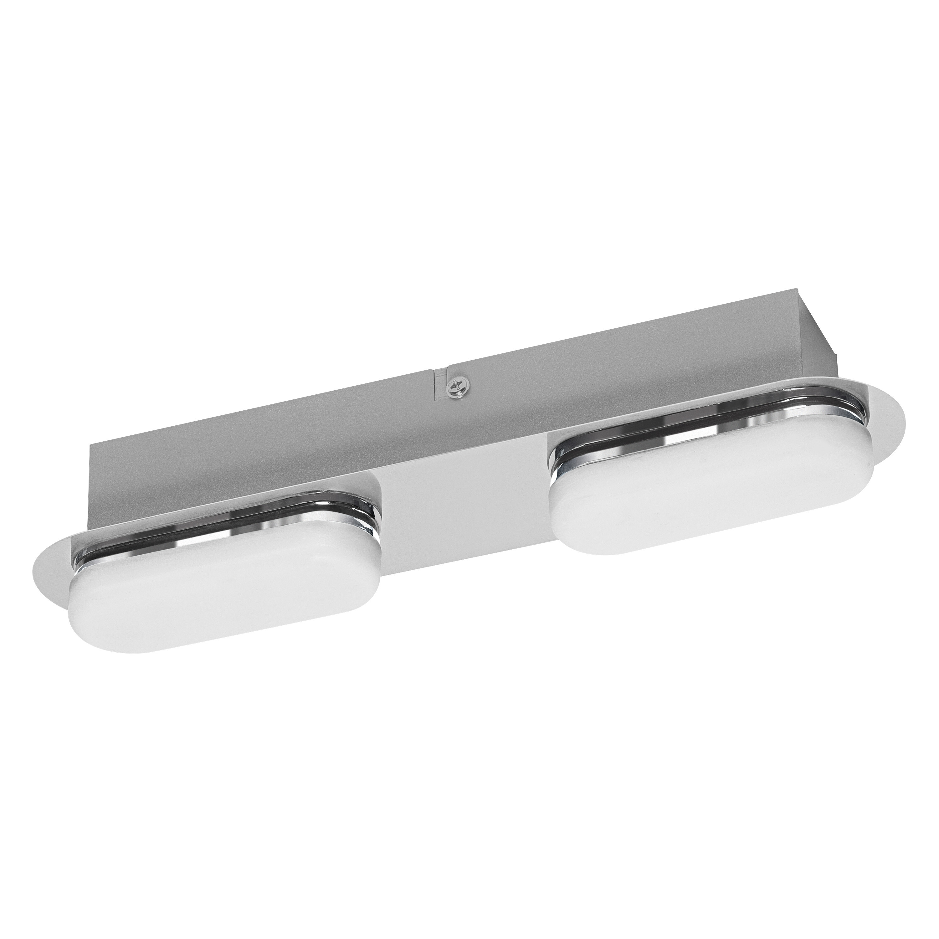 Un apparecchio metallico con due luci bianche a forma ovale. Sfondo bianco.