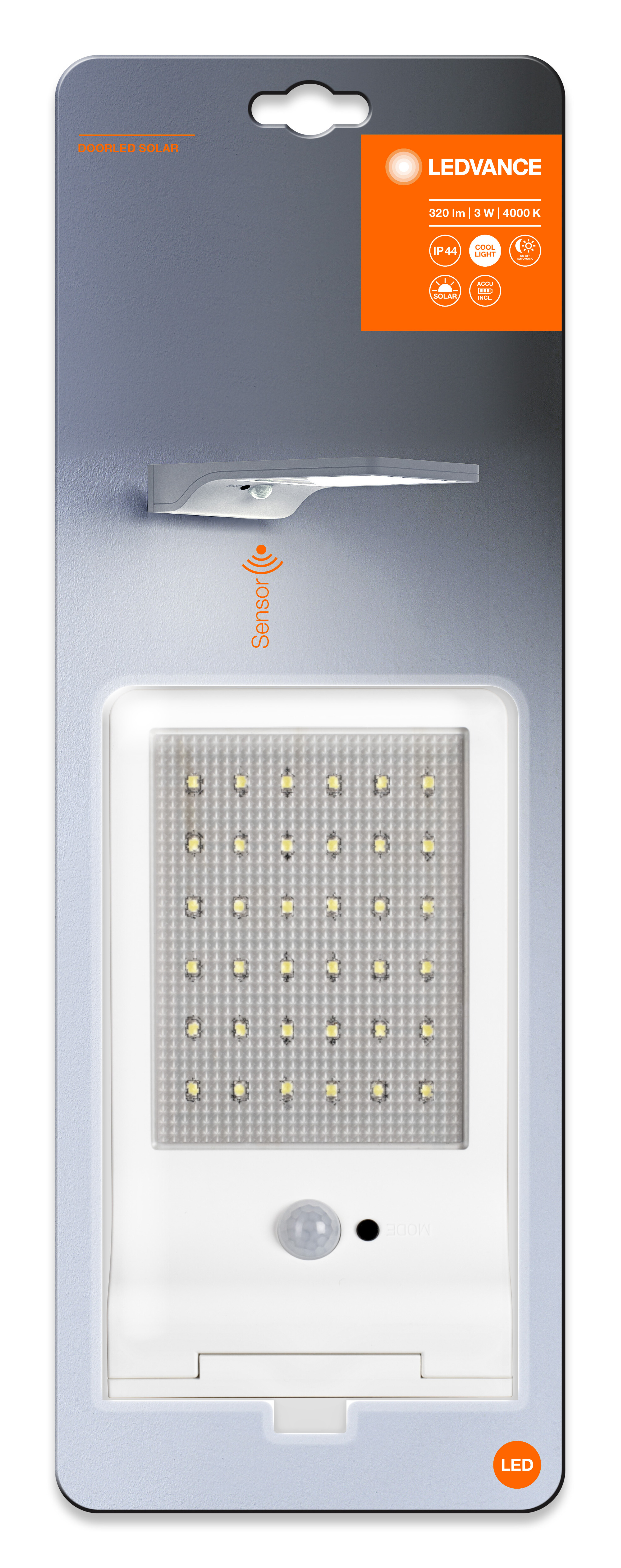 Solar-LED-Leuchte, weißer Kunststoff mit orangefarbenem Akzent. Die Leuchte hat einen Sensor und LED-Leuchten.