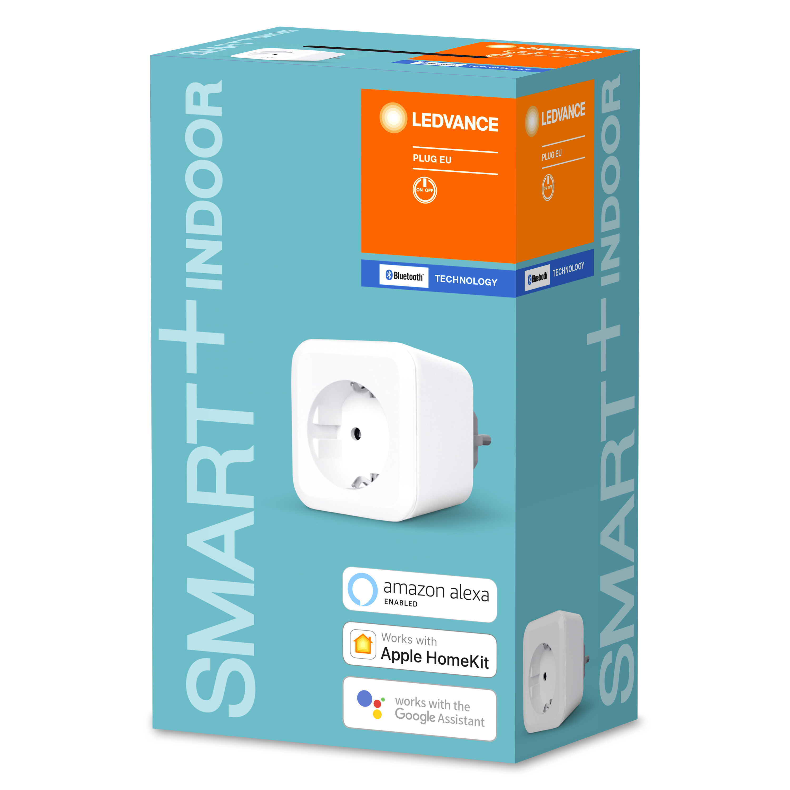Weiße Smart-Plug-Box mit blauer Verpackung. Sie unterstützt Amazon Alexa, Apple HomeKit und Google Assistant.