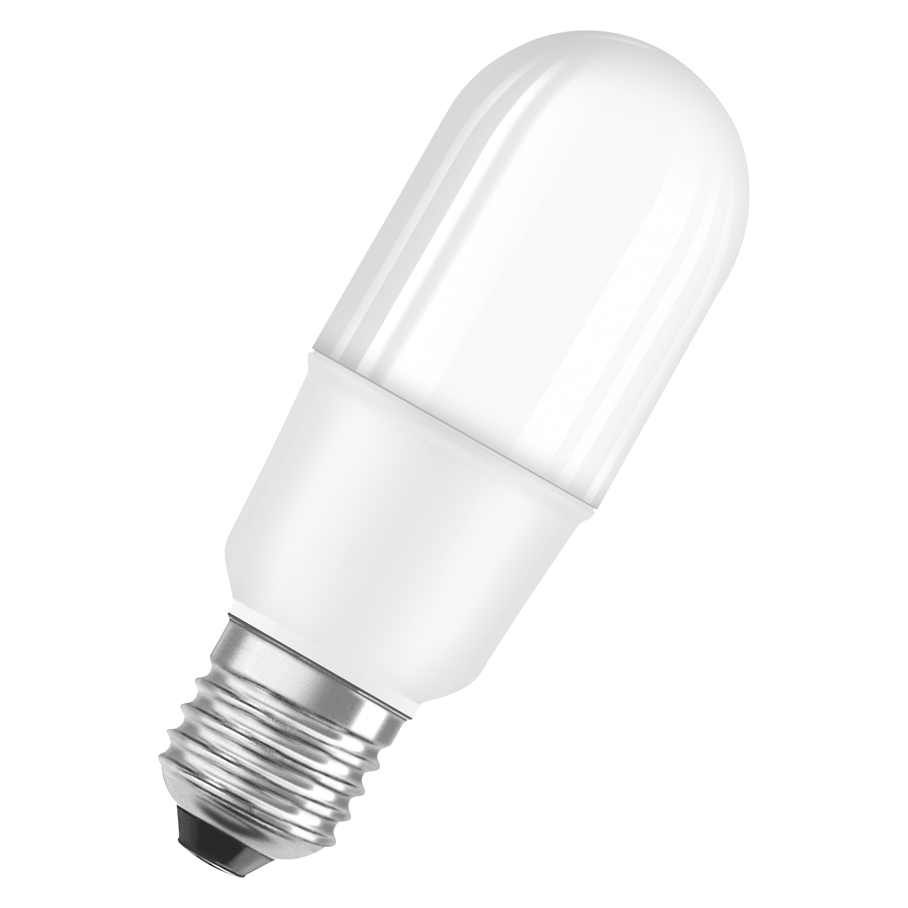 Weiße LEDVANCE Smart+ Glühbirne. Zylindrische Form mit weißem Körper und silbernem Schraubsockel.