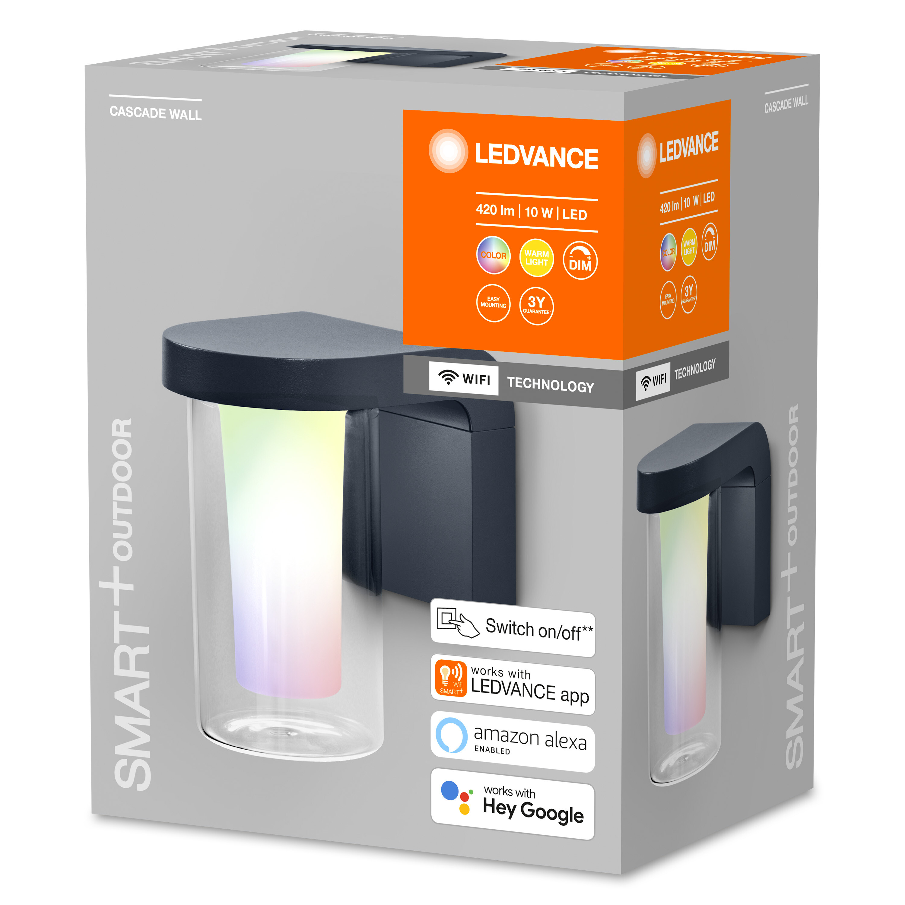 Verpackte LEDVANCE Außenwandleuchte mit farbigem Lichteffekt.