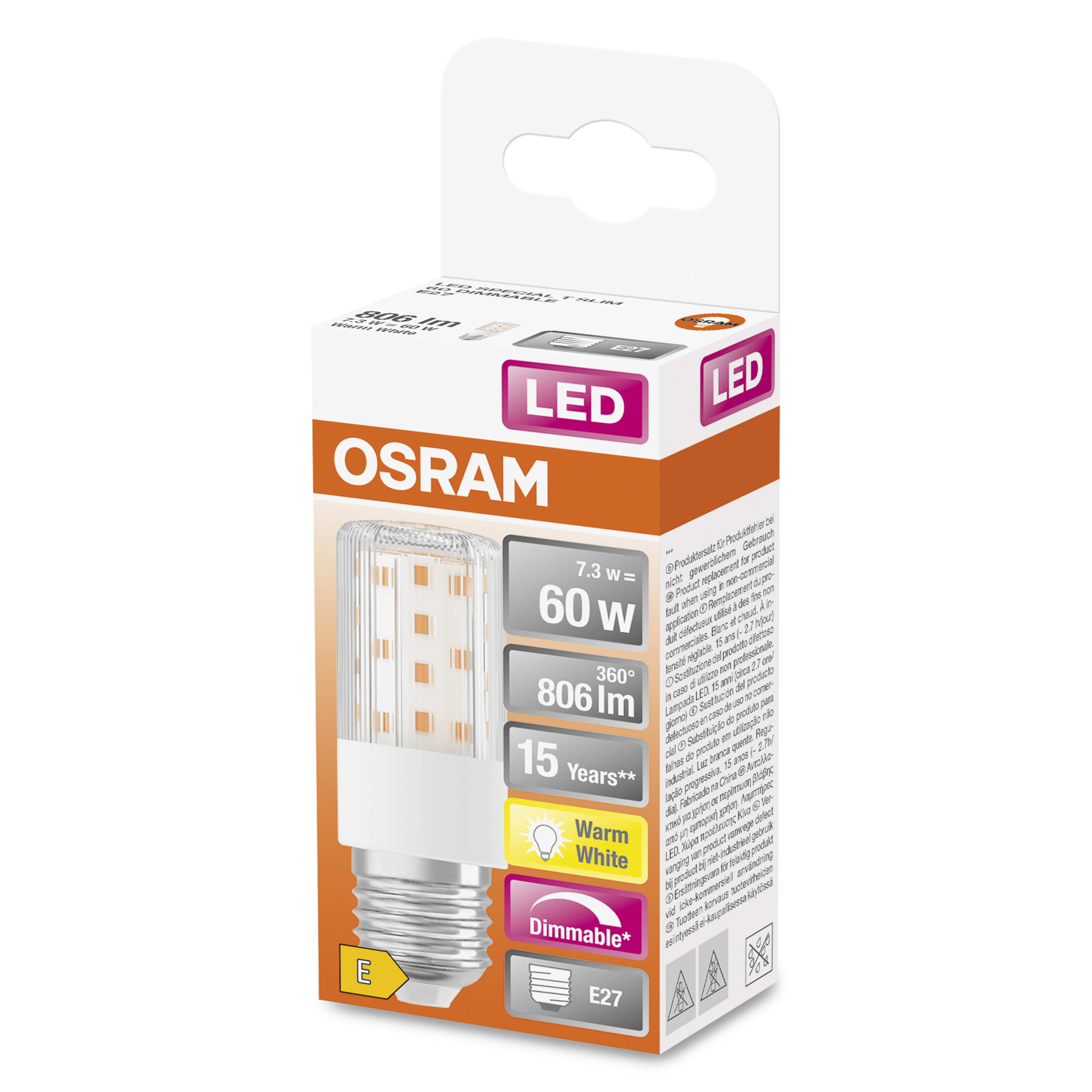 Une boîte d'ampoule LED avec du texte et des images, représentant l'ampoule.