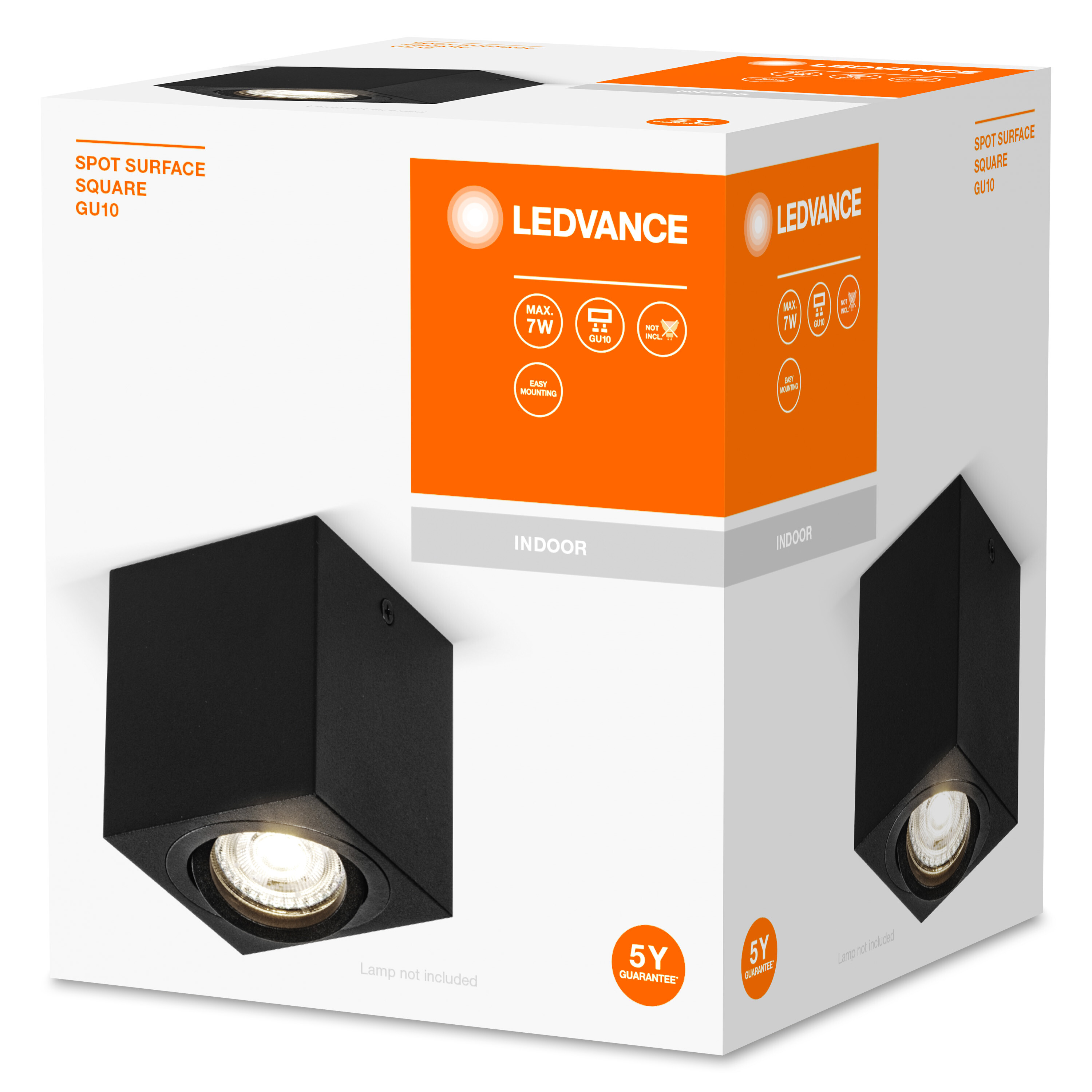 Schwarze quadratische LEDVANCE-Leuchte auf weißem Hintergrund. Die Box zeigt eine Lampe und Produktinformationen.