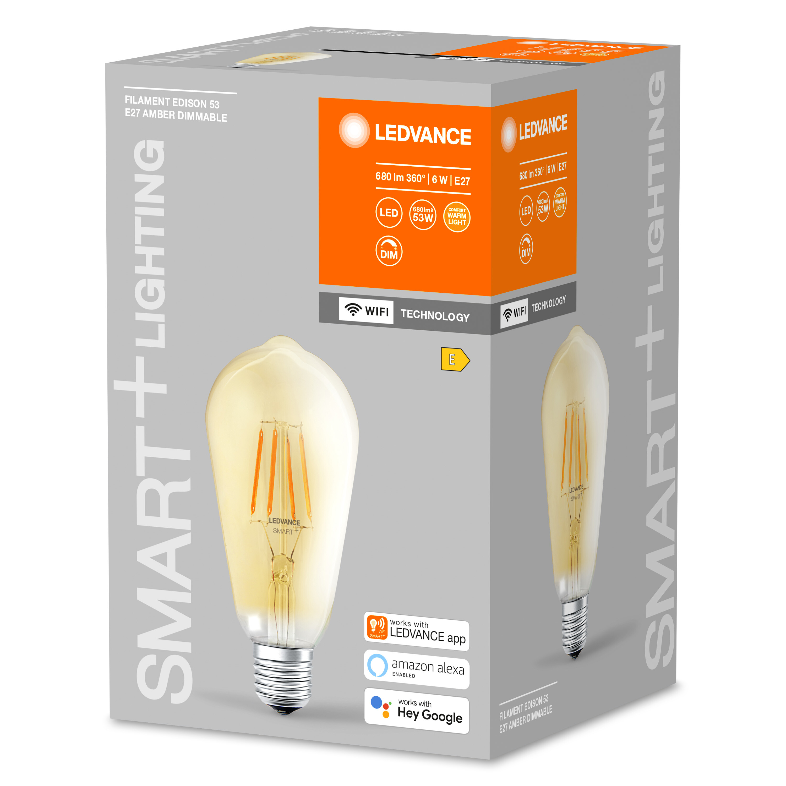 Una lampadina in una scatola. La scatola è bianca e ha del testo sopra. È illuminazione intelligente.
