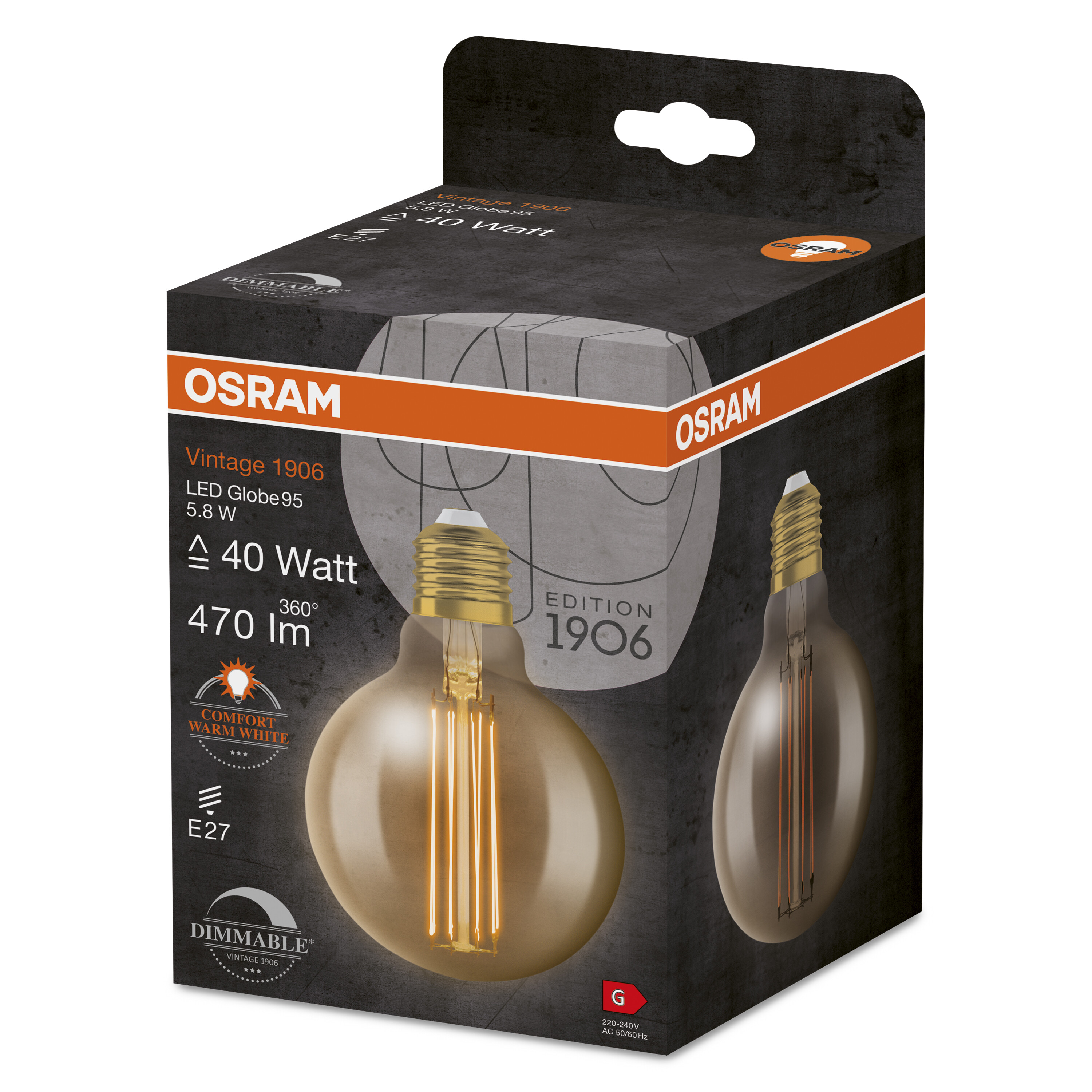 Pudełko żarówki w stylu vintage OSRAM, czarne tło, obraz i tekst żarówki, 40 watów, kształt kuli.