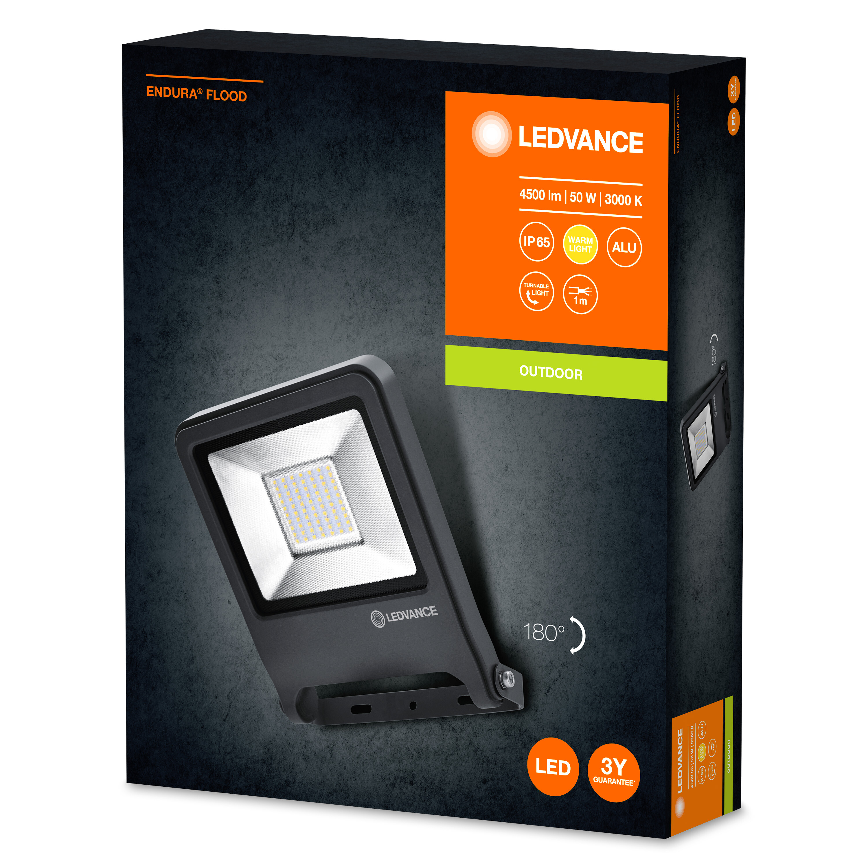 Scatola proiettore LED nera con luce.  LEDVANCE e dettagli del prodotto.
