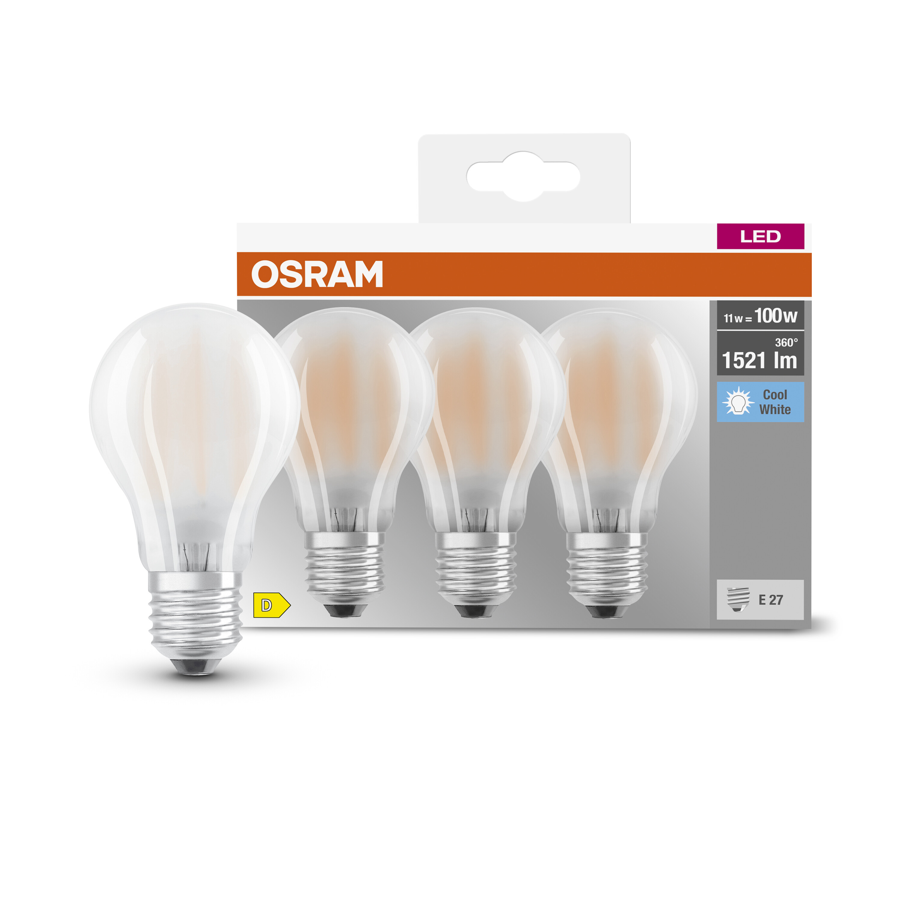 Quattro lampadine a LED in una confezione. Le lampadine sono in vetro e bianche con un filamento arancione.