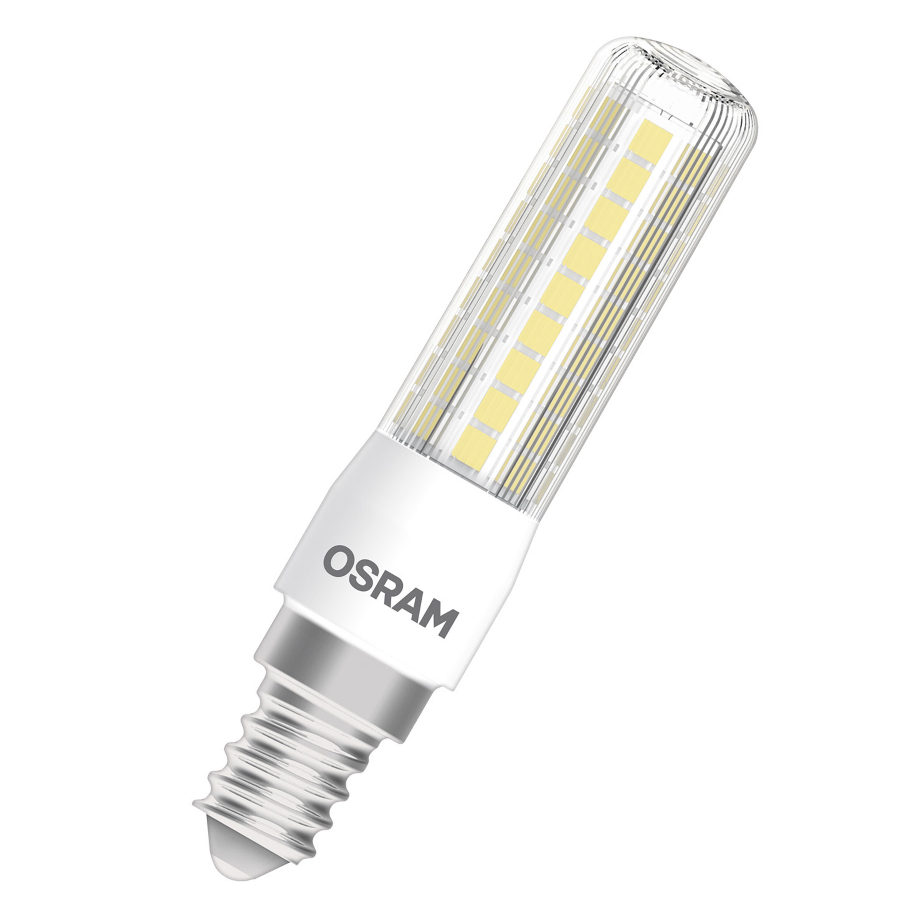 Ampoule LED Osram blanche et transparente avec base argentée sur blanc.