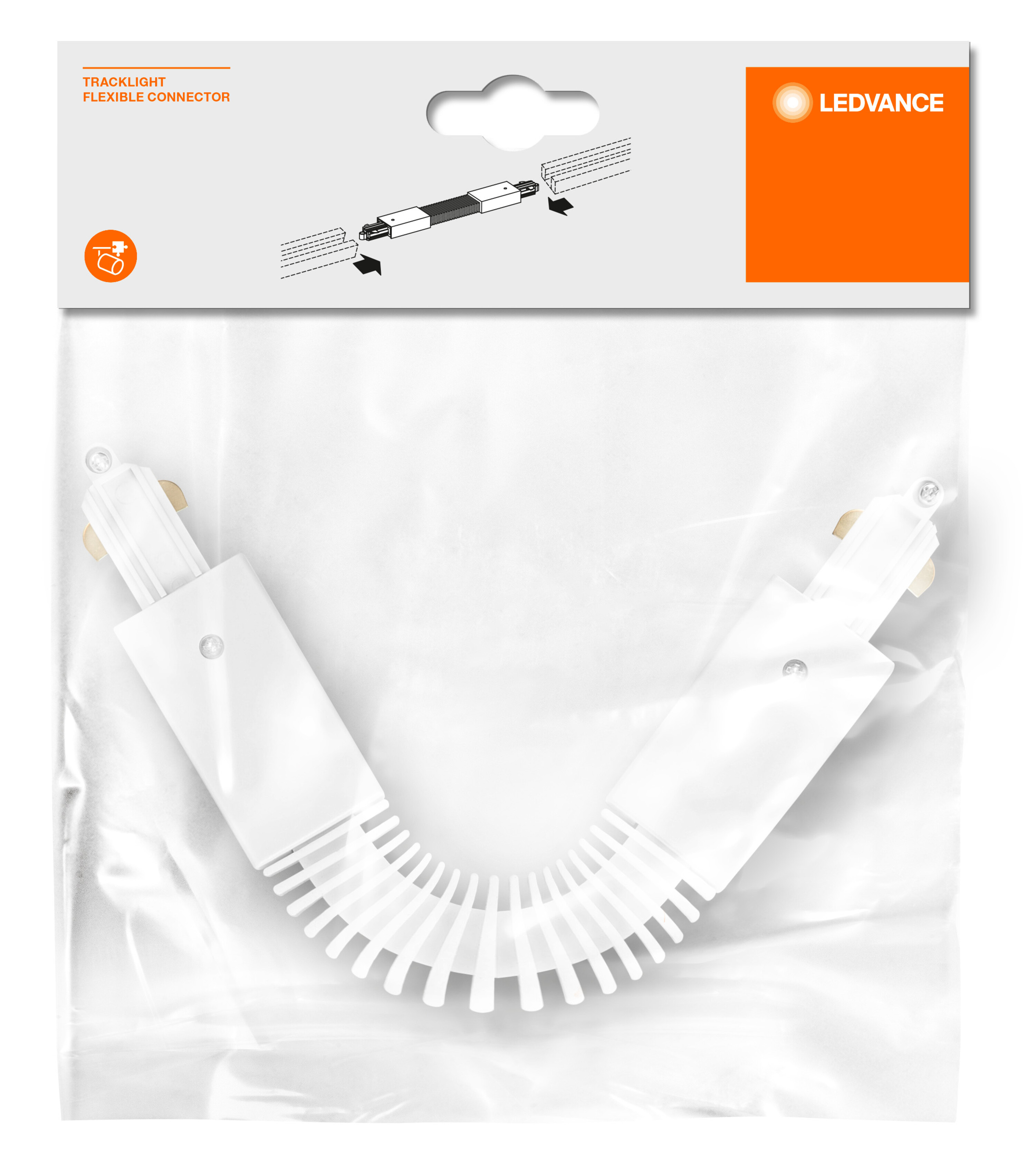 LEDVANCE Tracklight flexibler Verbinder, weißer Hintergrund, Diagramm des Verbinders.